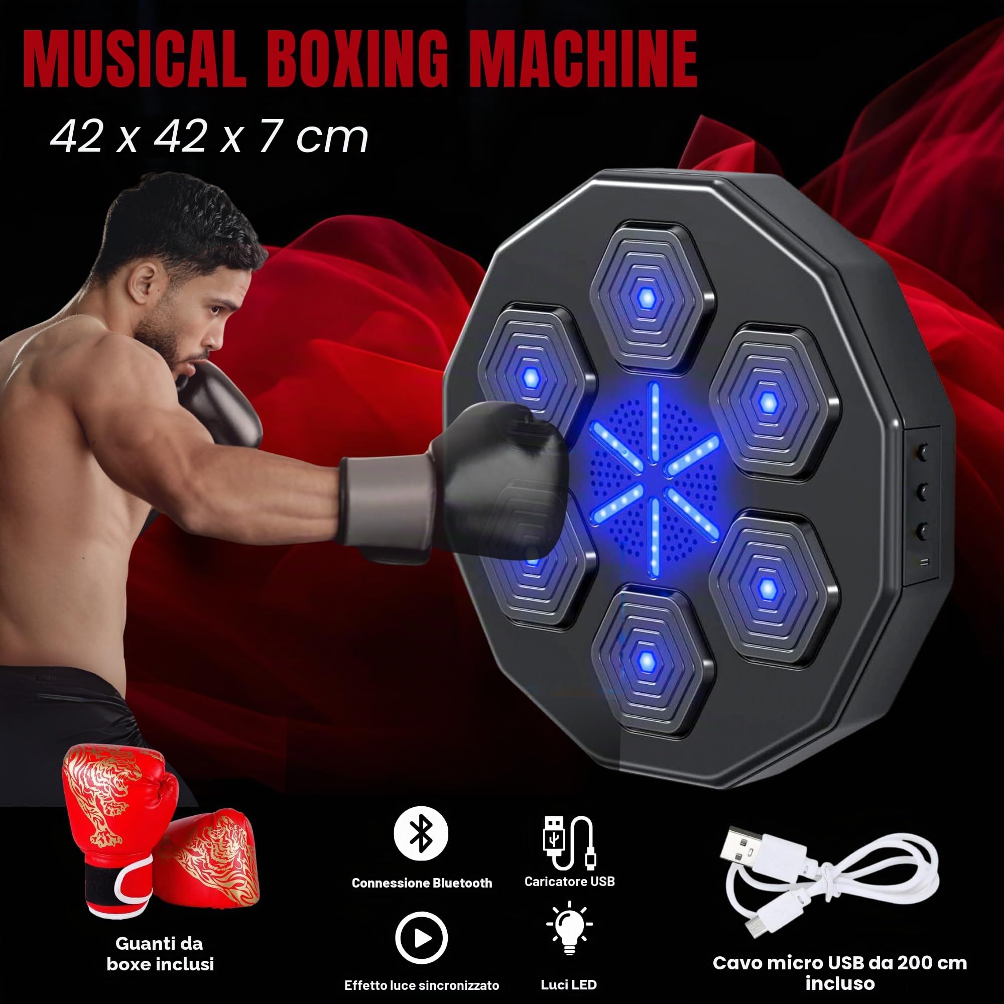 Macchina da Boxe Musicale. Attrezzatura da Allenamento da Parete con LED, Guantoni da Boxe, Bluetooth e Luci a Ritmo di Musica per Bambini/Adulti.