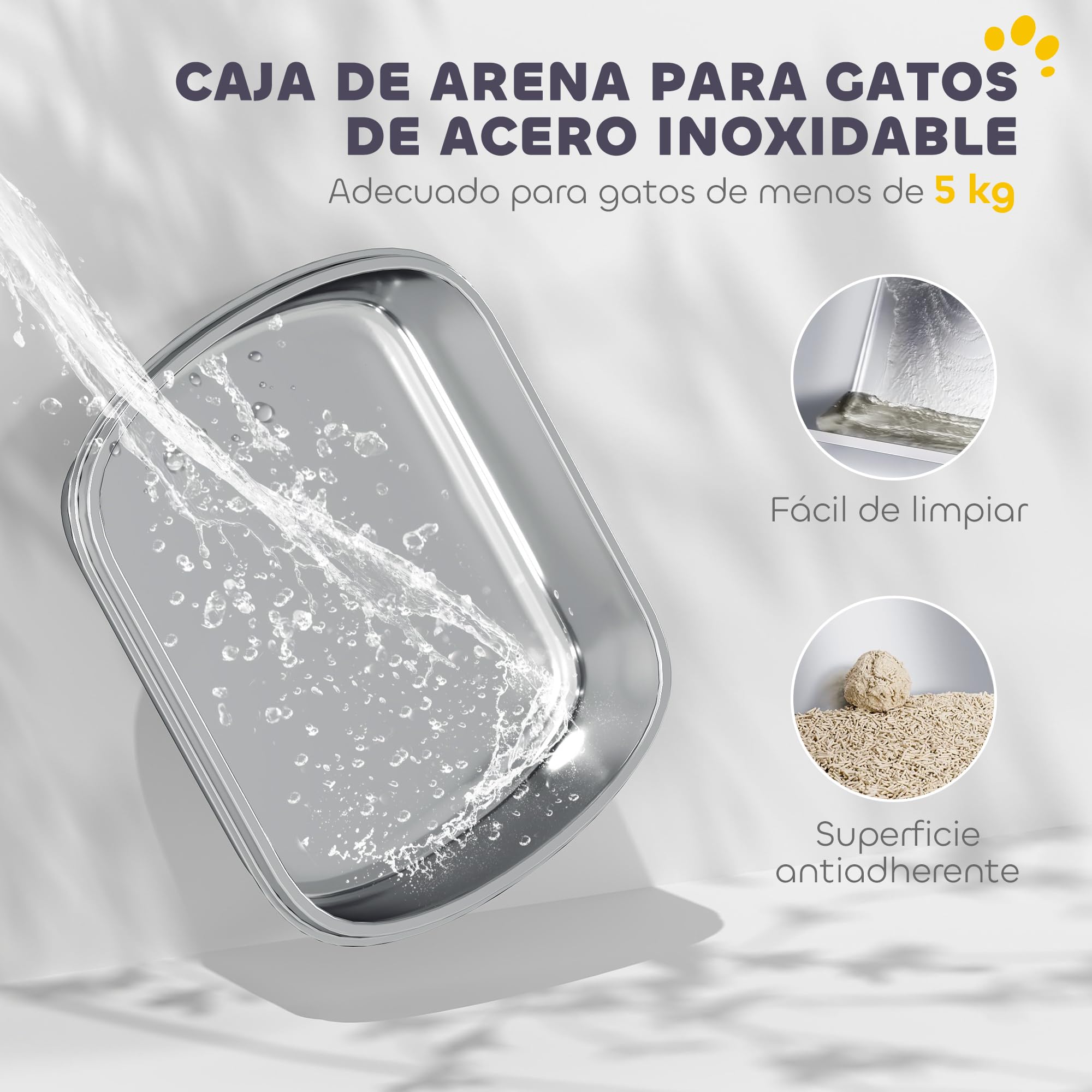 PawHut Arenero para Gatos de Acero Inoxidable L con Tapa Abatible Blanco | Caja de Arena para Gatos, Pala Metálica, Bolsa Desodorizante, Fácil de Limpiar, Antifugas