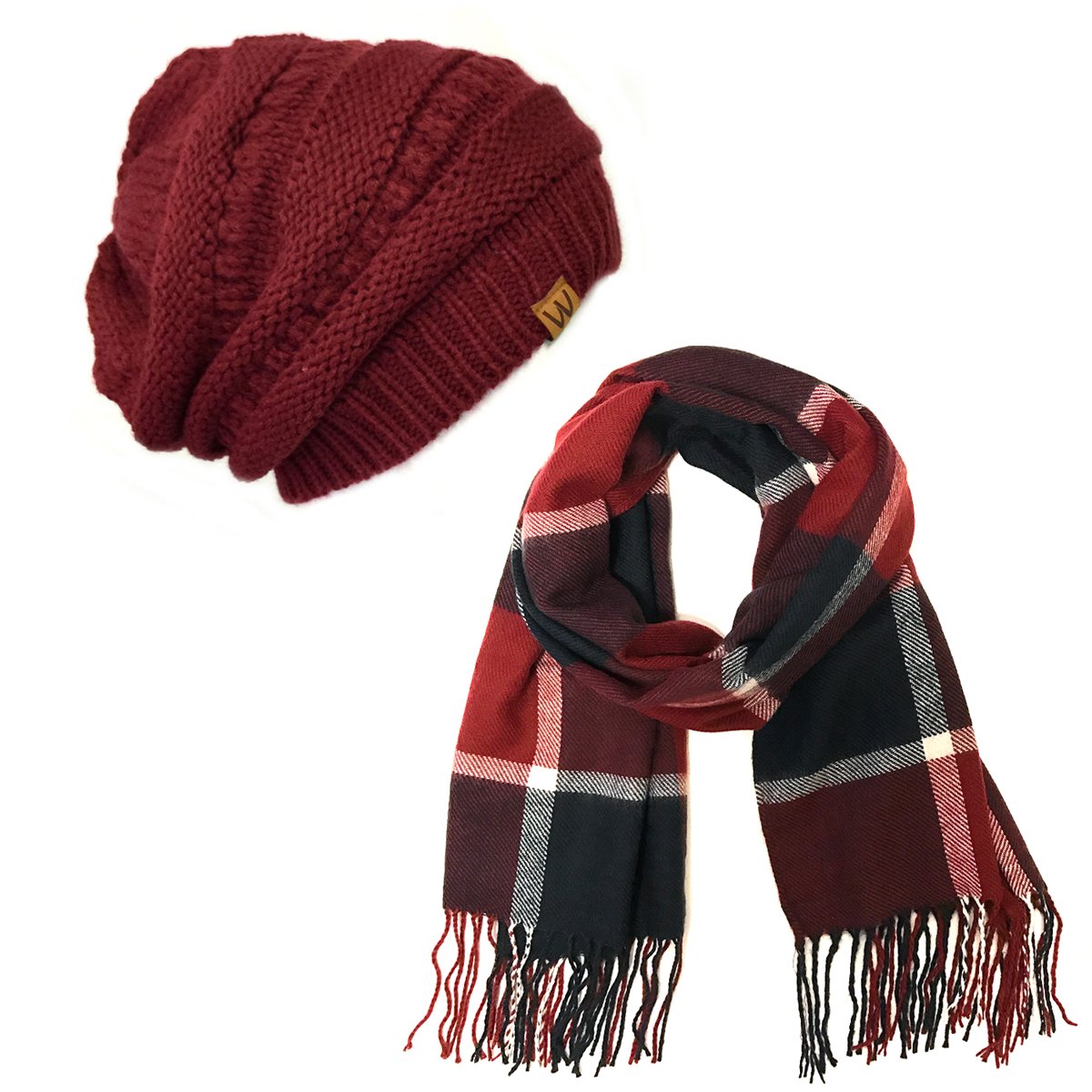 Plaid Print Long Scarf and Beanie Hat Set-image-49