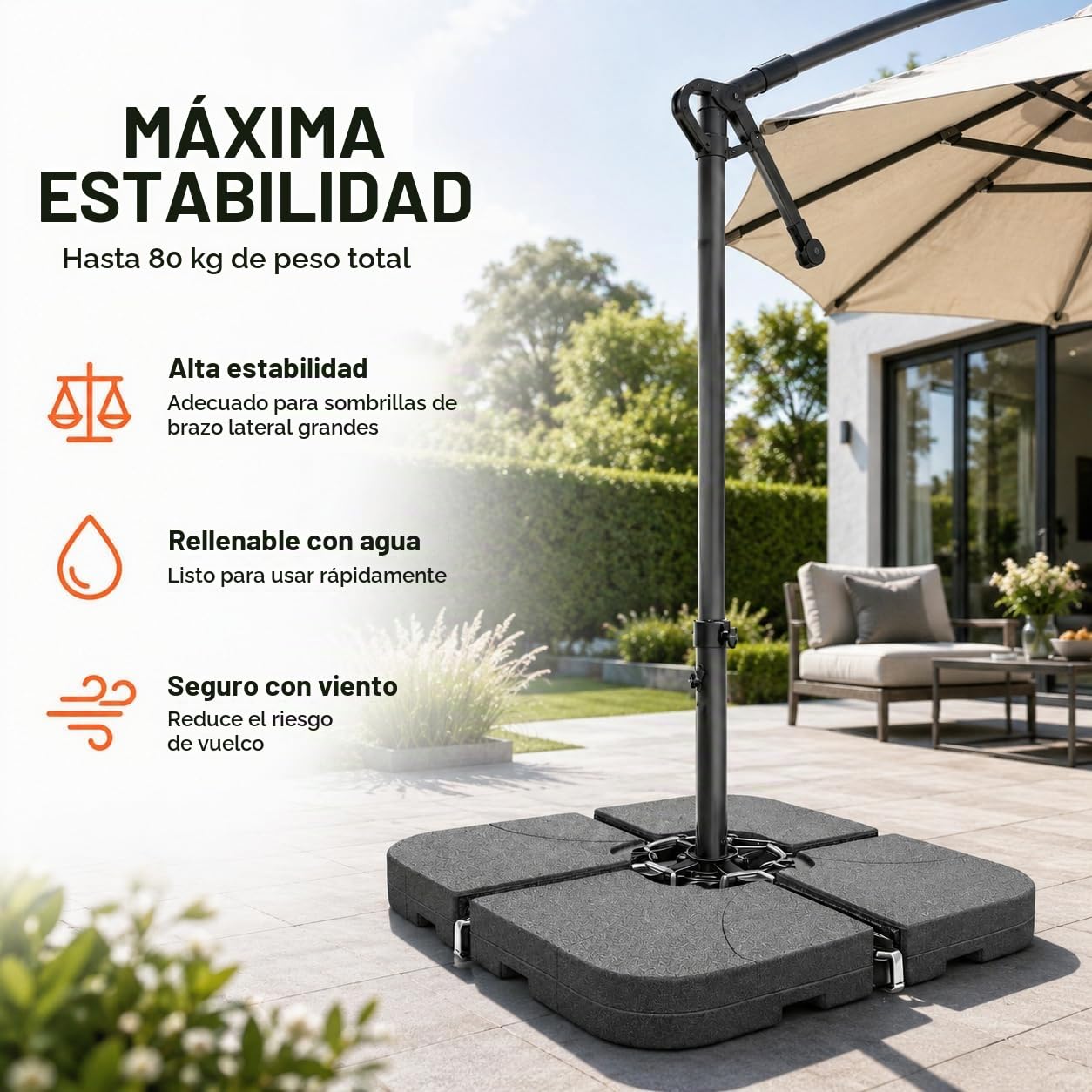 Soporte para sombrillas – Pesos para rellenar para cruces de suelo de plástico – Soporte para sombrilla (4 piezas hasta 80 kg, plástico)