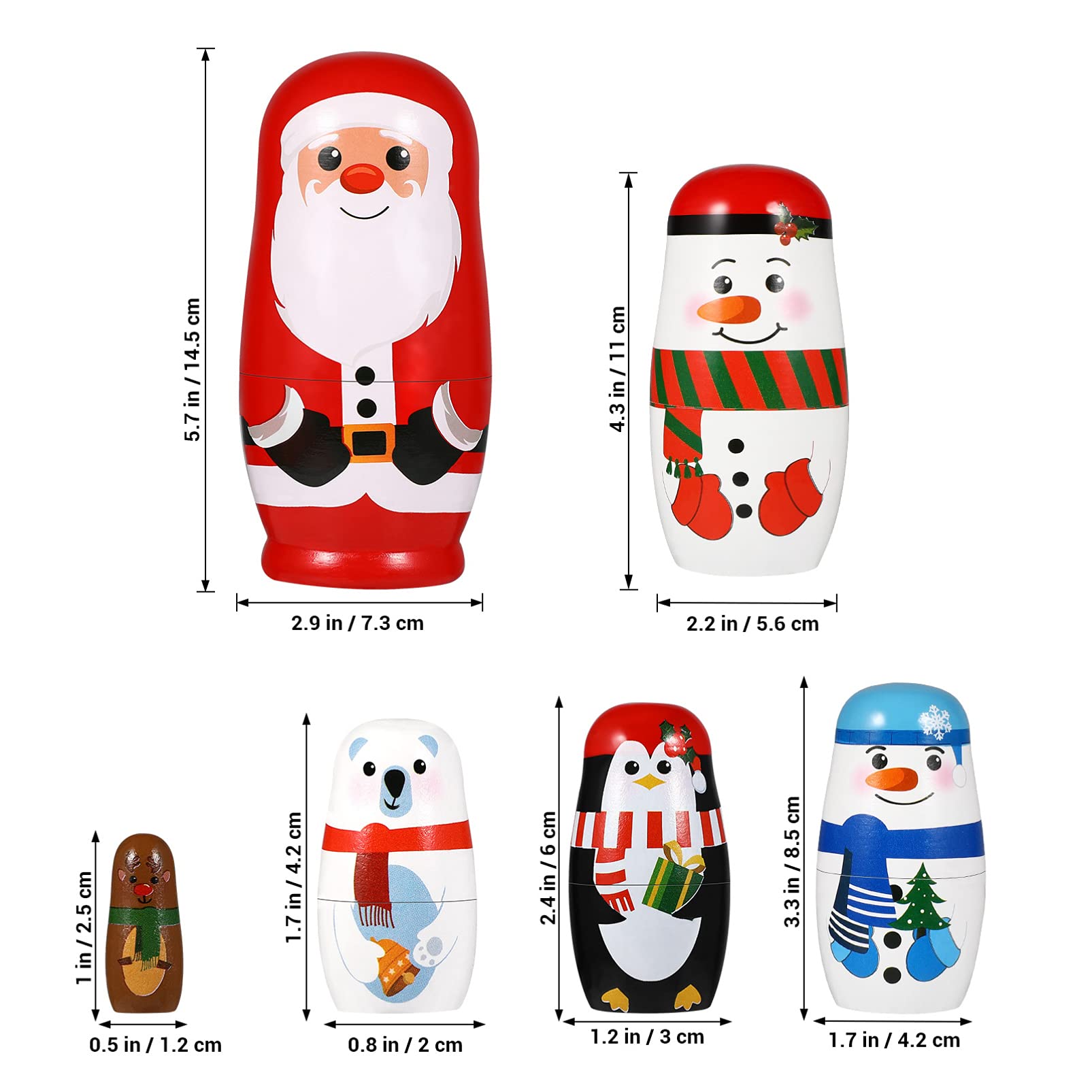 EXCEART Muñeca de Navidad de madera apilable de Navidad rusa Matryoshka muñeca de Navidad de madera nidada con Santa Claus alce muñeco de nieve oso polar pingüino para niños cumpleaños