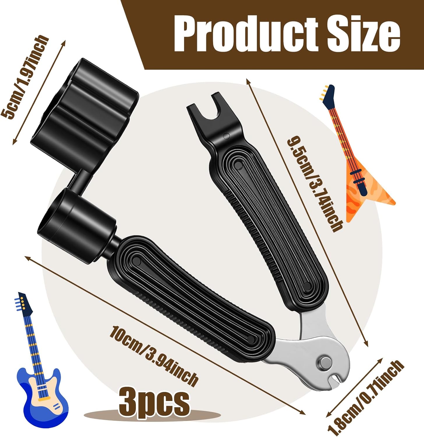 cobee 3 Pcs Guitar String Winder Cutter Pin Puller, 3 In 1 Multifunctional Guitar Maintenance Tool for Acoustic Electric Guitars Instrument Accessories (Black)