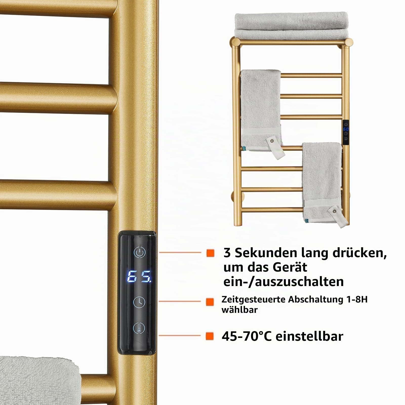 Elektrischer Badheizkörper, Gold 7-Bar Elektrisch Handtuchwärmer Handtuchtrockner Mit Oberer Ablage, Wandmontierter Rostfreier Stahl-Kohlefaser Beheizter Handtuchhalter, 72*45*25 cm (Plug-in)