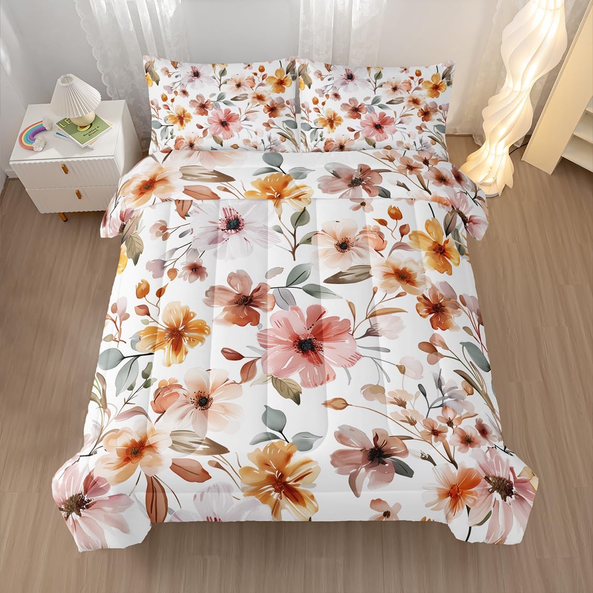 Nttopship Pink Yellow Floral Comforter Bedding Set with 2 Pillowcase Queen Size Flower Comforter Set for Kids Boys Girls Bedroom Decor