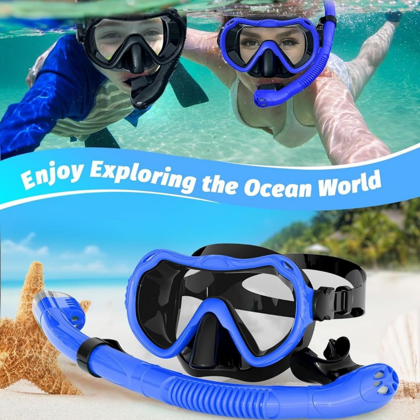 Juego de esnórquel con tubo y gafas de buceo, seco para buceo y snorkeling, cristal templado unisex para adultos