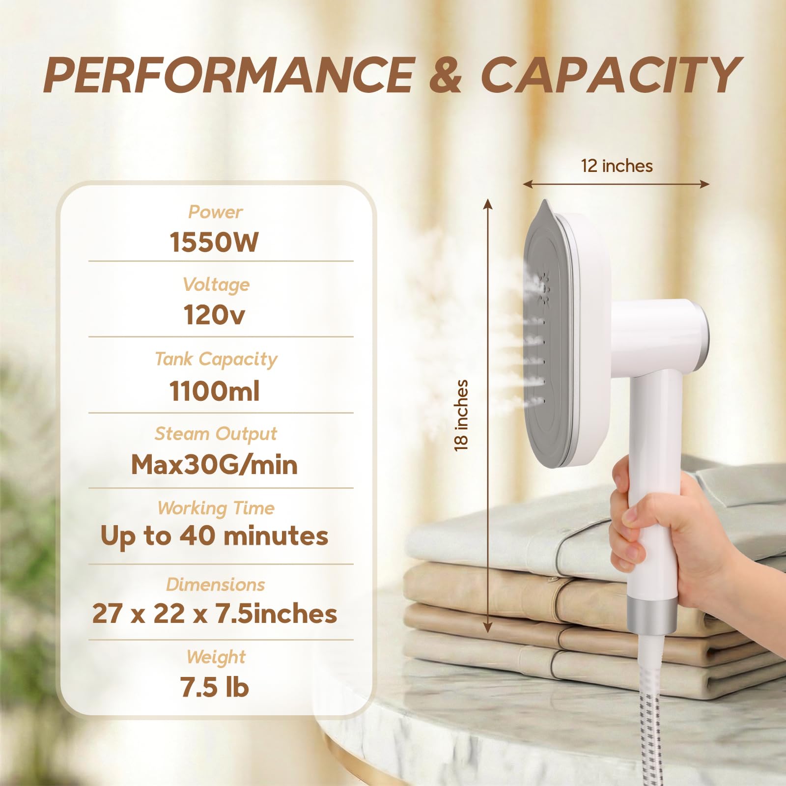 2 In 1 Steamer for Clothes:1550W Powerful Steamer with 1100ml Detachable Tank, 30s Fast Heat-Up, Horizontal & Vertical Use, Portable Wrinkle Remover for Clothes Drapes Bedding (White) image 6
