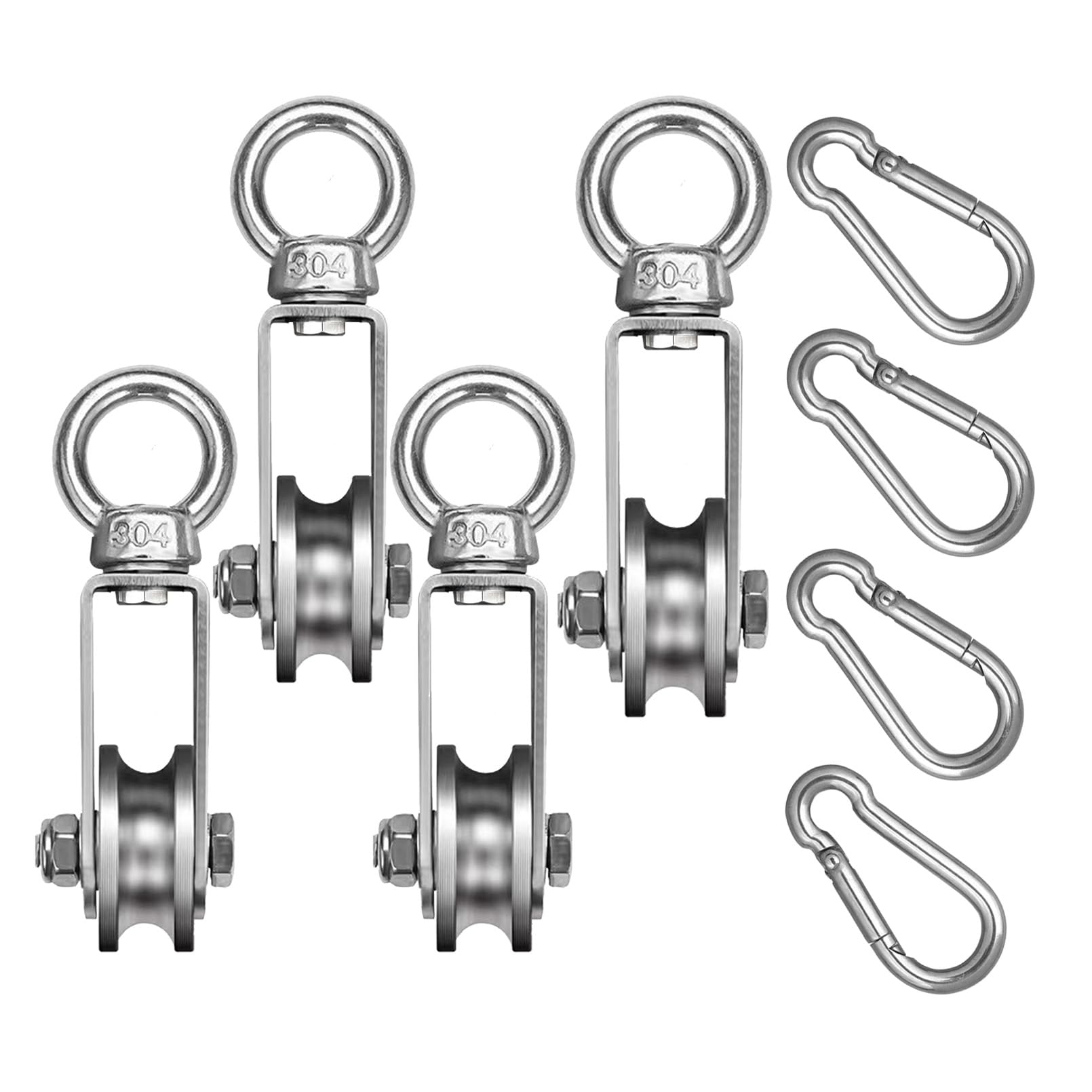 34mm Edelstahl-Umlenkrolle mit M6 Federkarabiner 250kg belastbar für Seile & Stahlseil Professionelle Snatch Block mit Doppelkugellager für Bauwesen Industrie Fitness Outdoor (4er Pack)