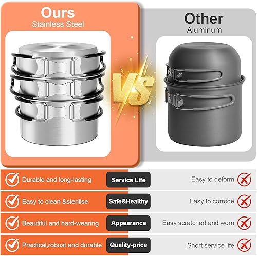 Miniatura 7 de Odoland Juego de ollas y sartenes de acero inoxidable para acampar, 13 piezas, con estufa de camping portátil, kit de desorden con tazas, tenedores,