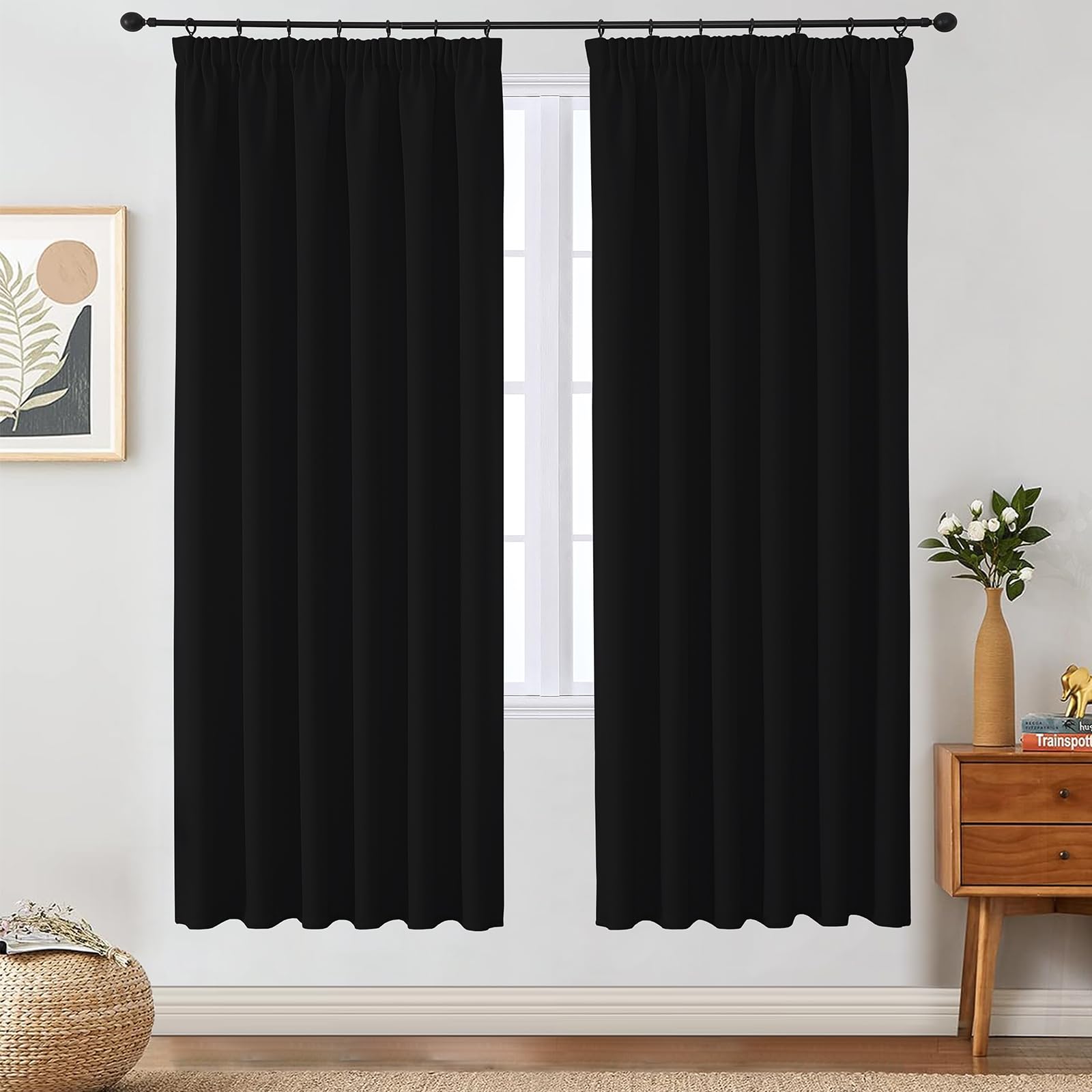 VEHEDE Blackout Curtains for Living Room – Pencil Pleat Thermal Insulated Drapes, Noise Reducing & Energy Saving, W46 x L72 Inch, Black, 2 Panels