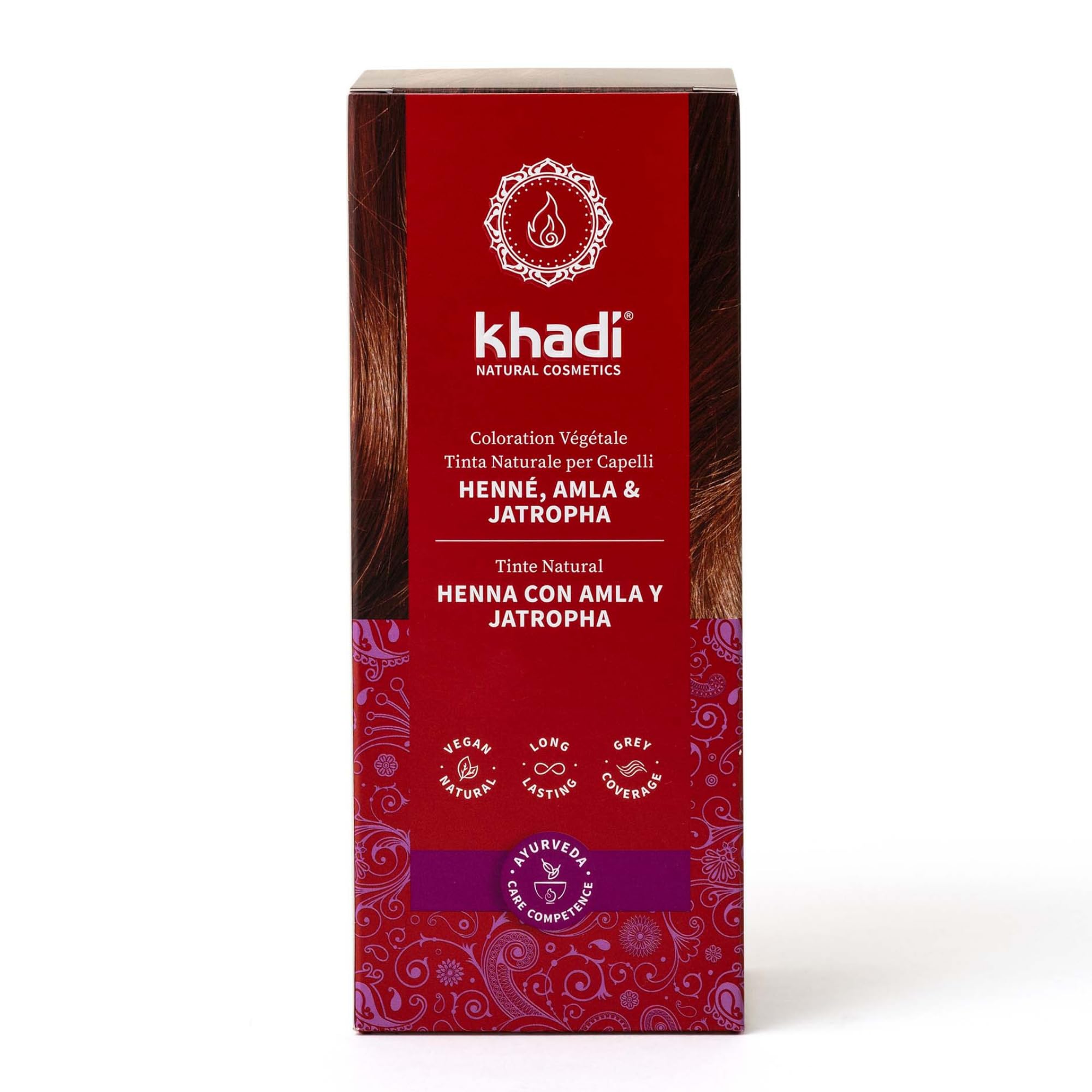 khadi HENNÉ, AMLA & JATROPHA Tinta naturale per capelli - Tinta per capelli per un rosso intenso e scuro fino a un ciliegia ricco e vibrante - 100% naturale e vegana - 100 g