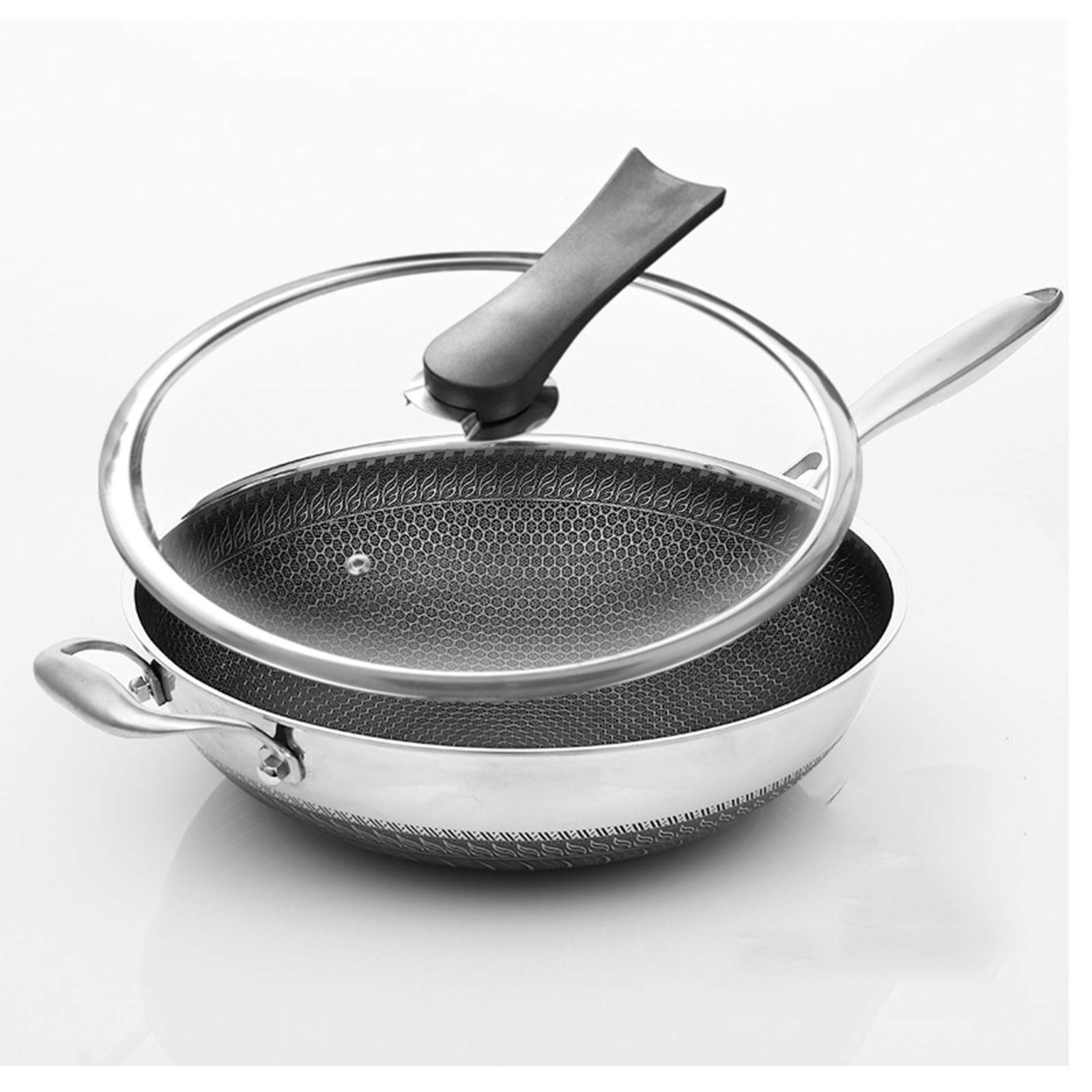 Wok antiaderente a induzione, 38 cm, padella per friggere con coperchio in vetro temperato, manici ergonomici, ideale per una cucina sana, versatile per tutti i piani cottura