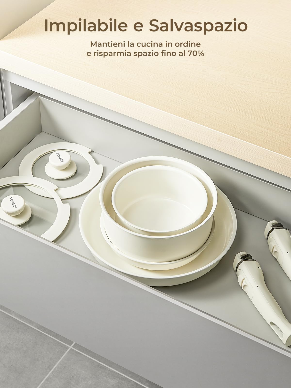 FOHERE Set di Pentole e Padelle Antiaderenti a Induzione 8 Pezzi Alluminio | Ceramica Padella con 2 Manici Amovibili e 2 Coperchio, Padella 20/28cm, Casseruola 16/20cm, Gas e Forno