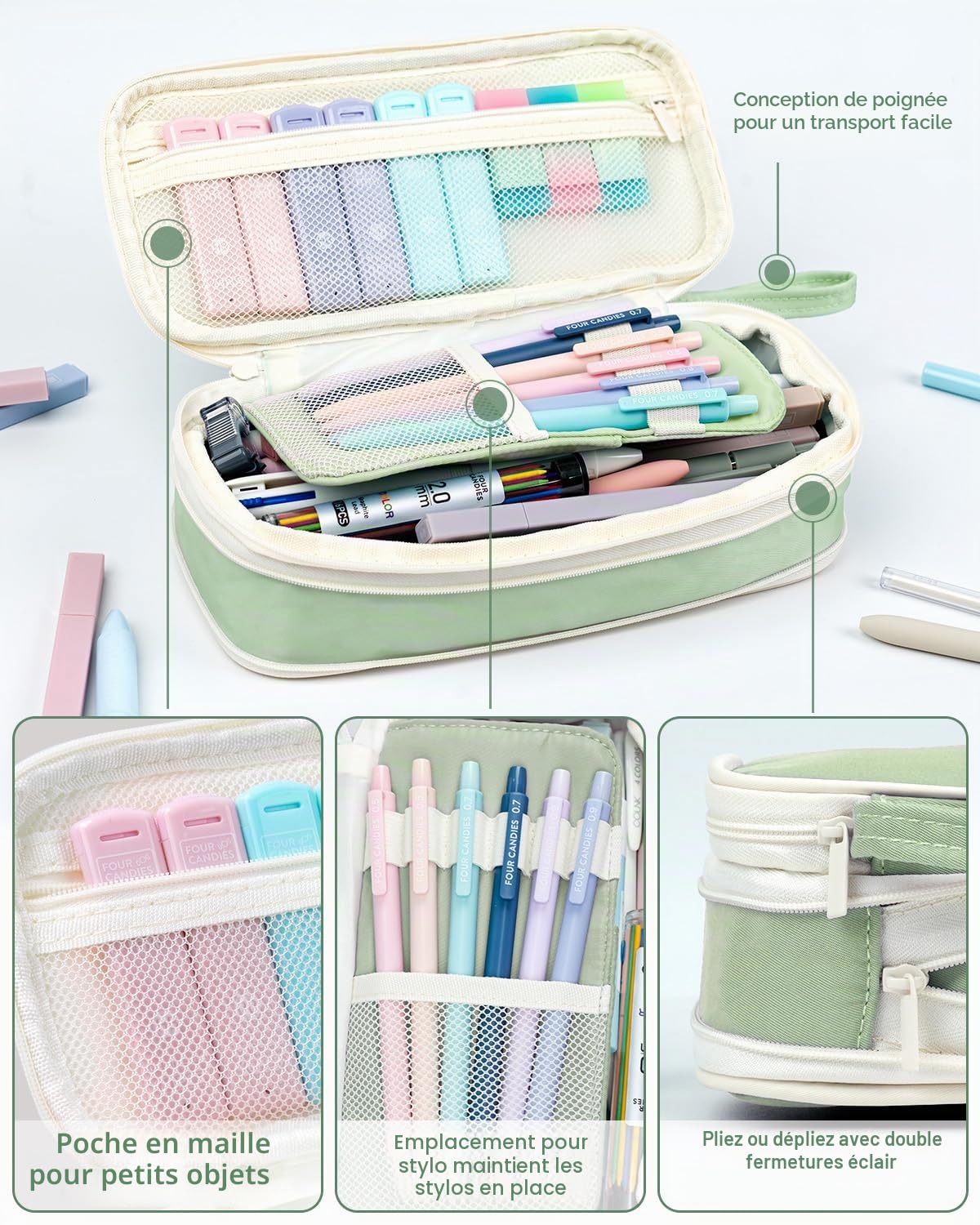 Four Candies Lot de 56 articles pour l'école avec grande trousse, 6 stylos à bille colorés, 12 surligneurs pastel, 5 stylos gel encre noire, 9 porte-mines de 0,5 à 2,0 mm