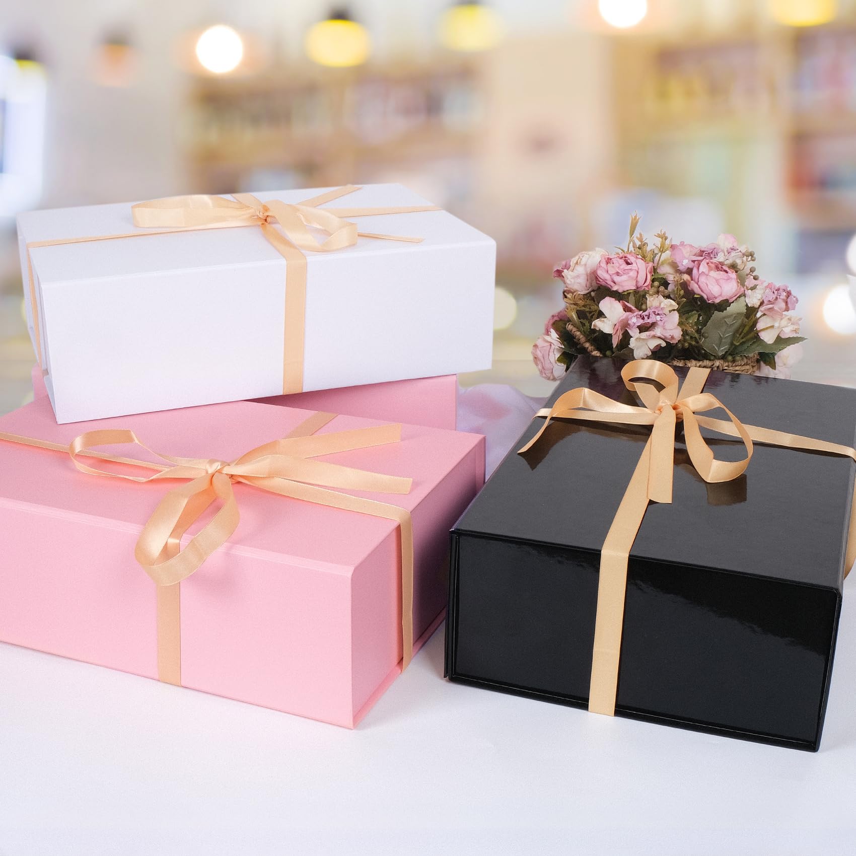 Geschenk-Box, 35,1 x 22,9 x 10,9 cm, Magnetverschluss, Geschenk-Box, Luxus-Geschenkbox mit Band für Jahrestag, Hochzeit, Geburtstag, Abschlussfeier, Festivals (Rosa, 3 Stück)