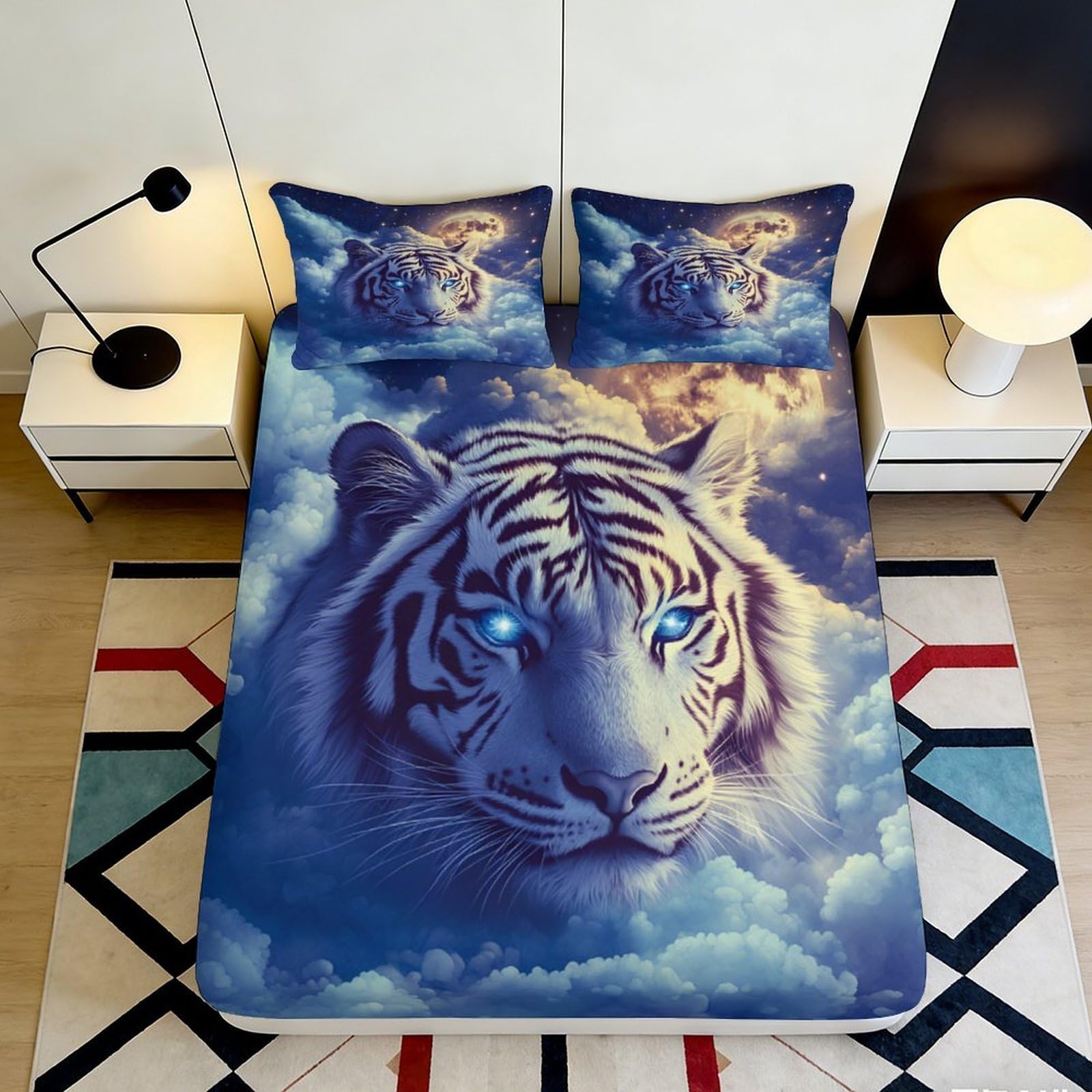 3D Printed White Tiger Fitted Sheet Microfiber Soft Breathable Cosmic Nebula Mattress Cover for Bedroom Dormitory Guest Room Mattress Protection 180x200x25cm