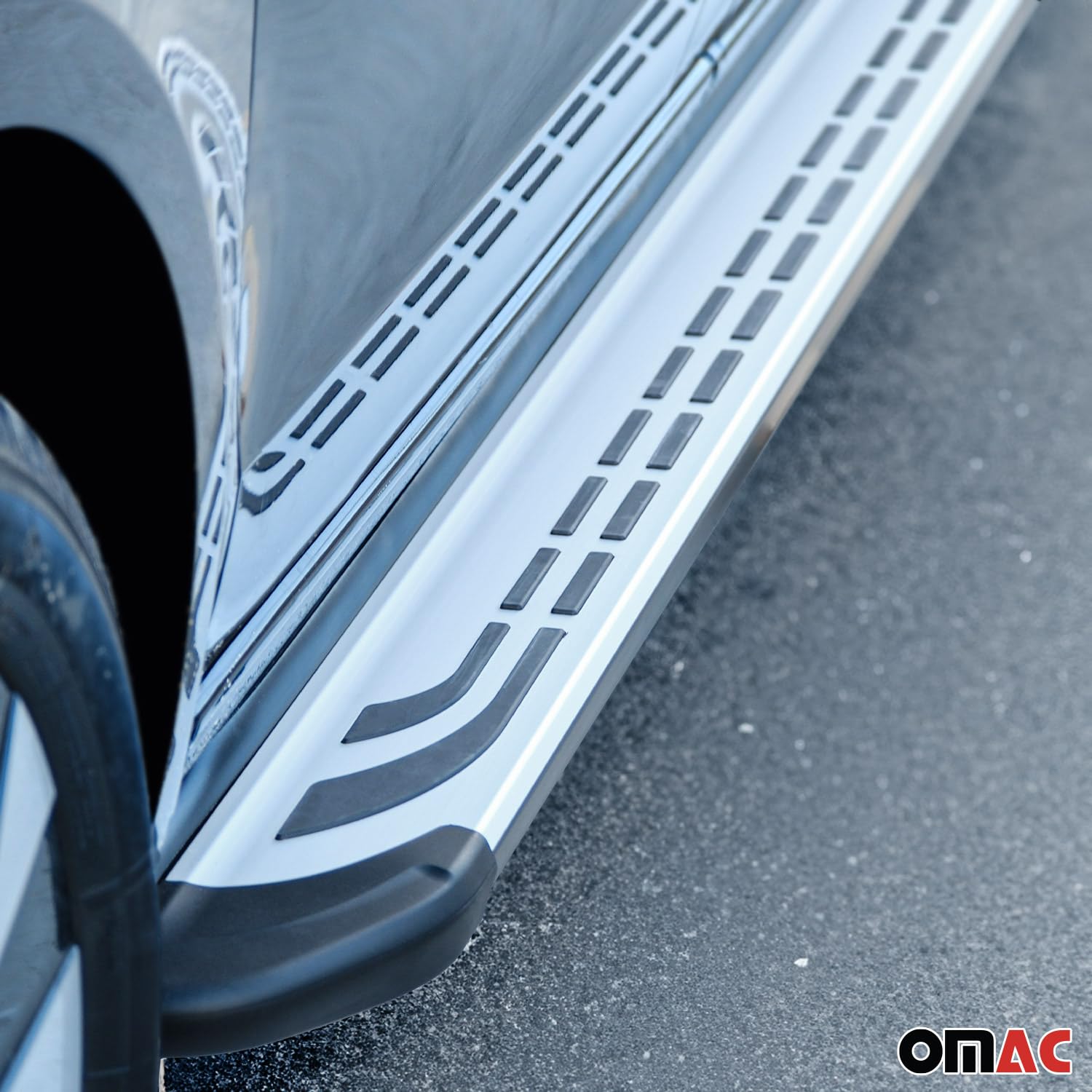OMAC Trittbretter Seitenschweller Seitenbretter kompatibel mit VW Tiguan II 2016-2023 Schwarz-Silber Alu