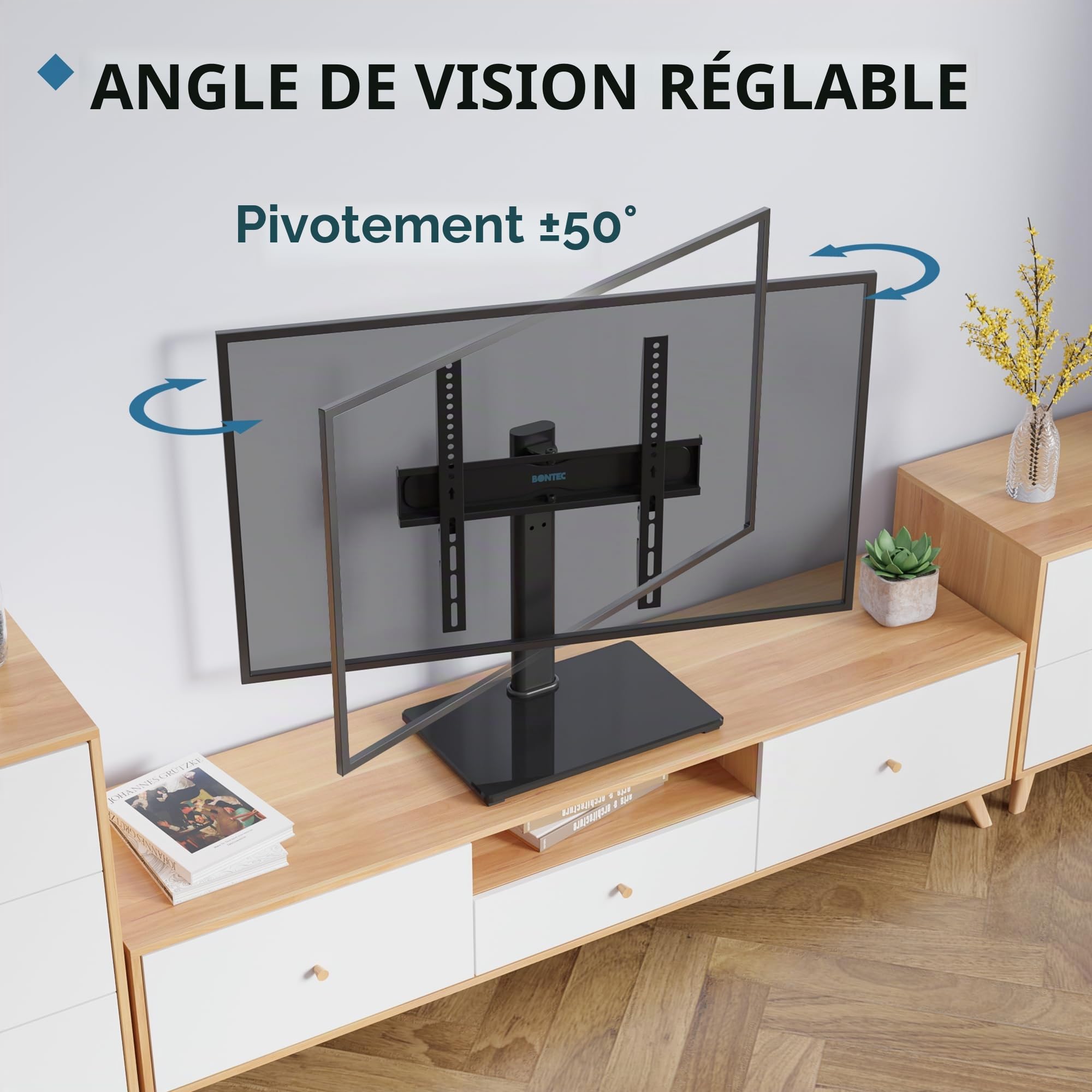 BONTEC Support TV sur Pied TV Universel Pivotant pour Télévisions de 24 à 60 Pouces LCD/LED/Plasma Hauteur Réglable avec Base en Verre Trempé de 8 mm - Charge Maximal 45kg Max VESA 400x400 mm