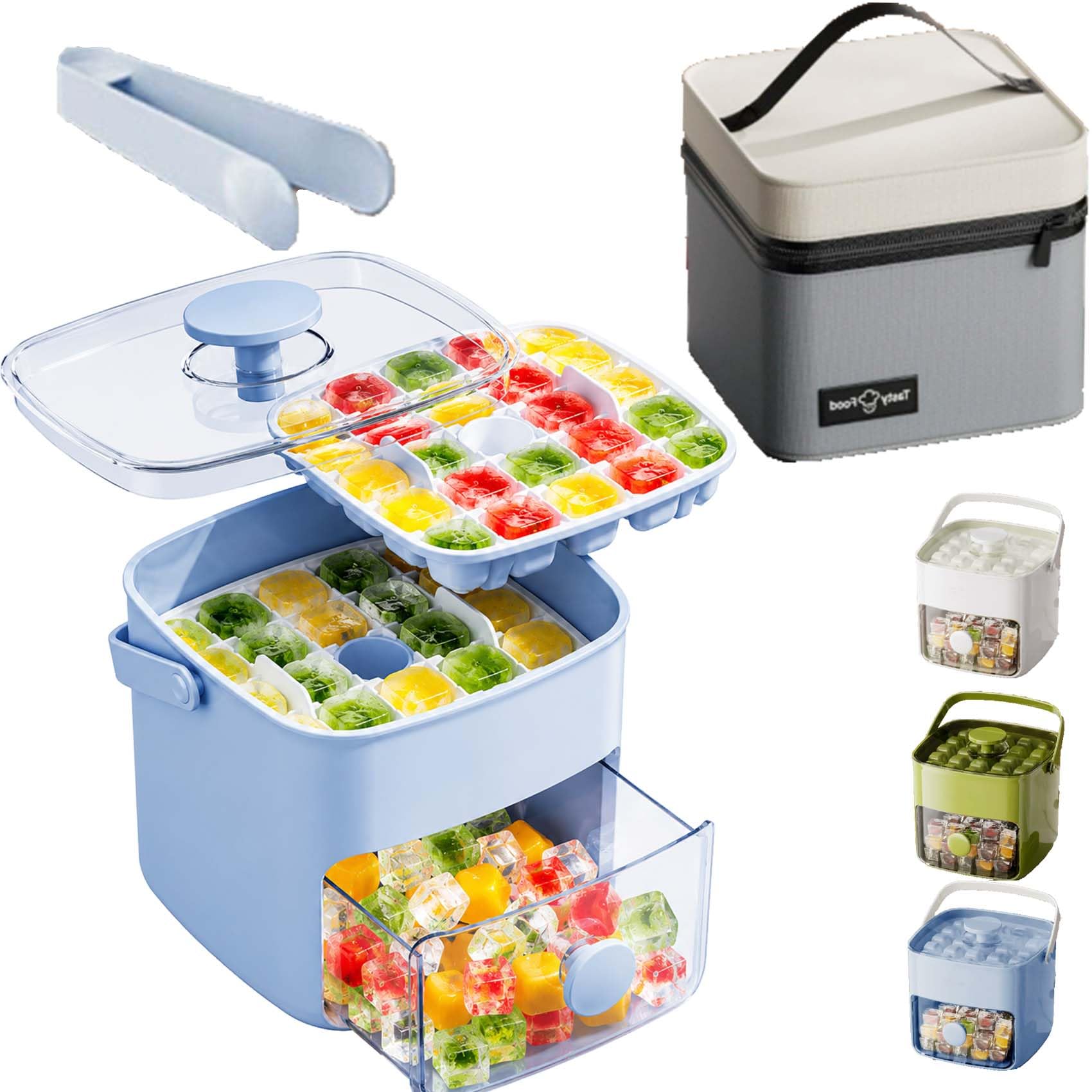 Tragbarer EiswüRfelbereiter Mit Deckel & Aufbewahrungsbox, 48 EiswüRfel, Behalter, Doppellagig, Schnelleis Mit Nureinemknopfdruck, FüR Camping, Roadtrips Oder Gartenpartys (Blau+Isoliertasche)