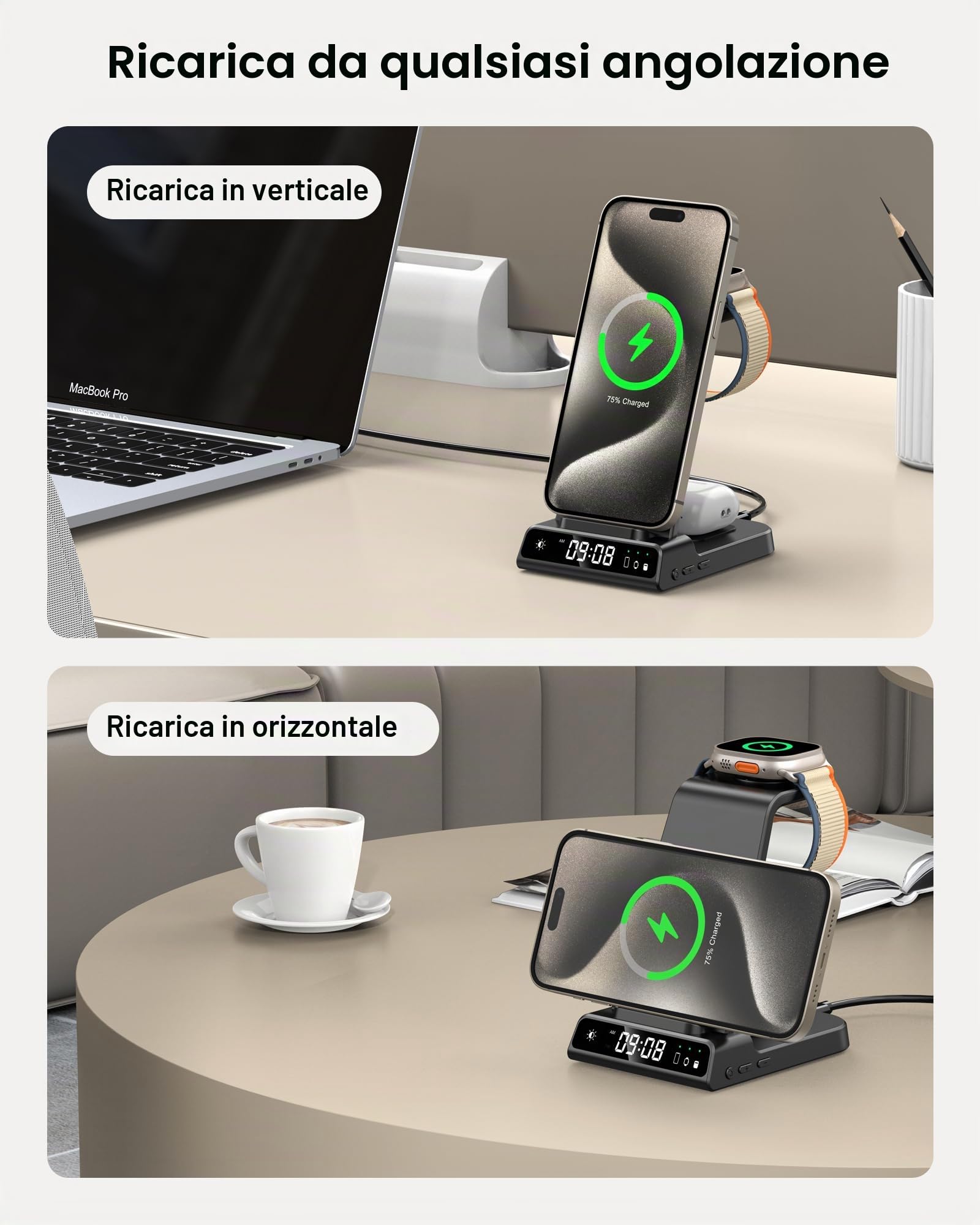 Caricatore Wireless per iPhone Air/17/16/15/14/13/12, 3 in 1 Stazione Ricarica compatibile con Apple Watch 10/Ultra 2/9/8/7/6/5/4, Air Pods 4 (Senza Adattatore)