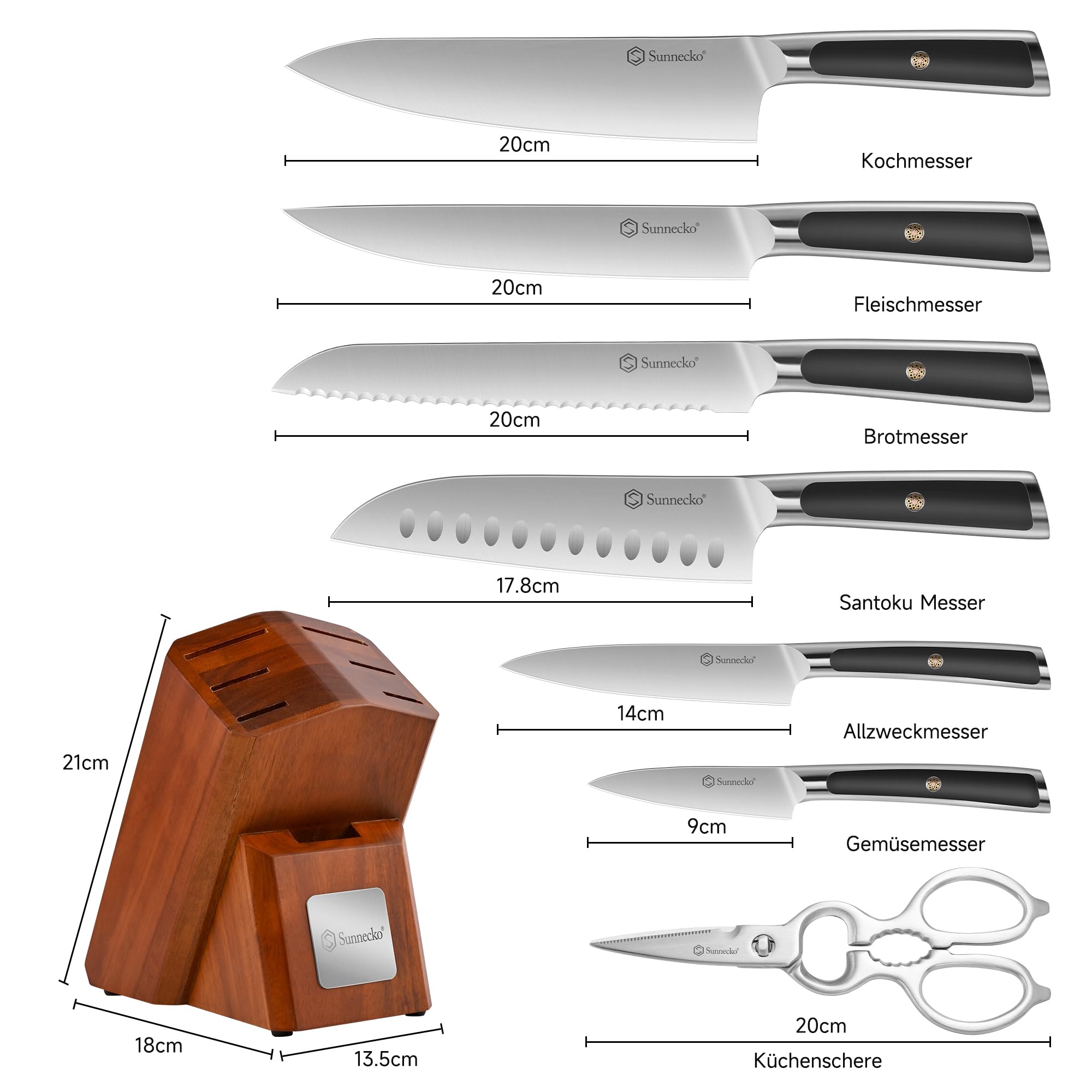 Sunnecko Messerblock set 8 teilig Block Messerset | Küchenmesserset mit Kohlenstoffgehalt Edelstahl, für die Küche mit Holzblock - Kochmesser set mit ergonomischem Griff
