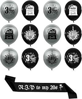 Auch 12 PCS RIP Twenties Balloons, Sash, Death to My Twenties RIP to My 20s Dirty 30 Birthday Balloons 12 Inch 30th Birthday Balloons for Men Women Lady 30th Birthday Party (RIP Twenties Balloons)