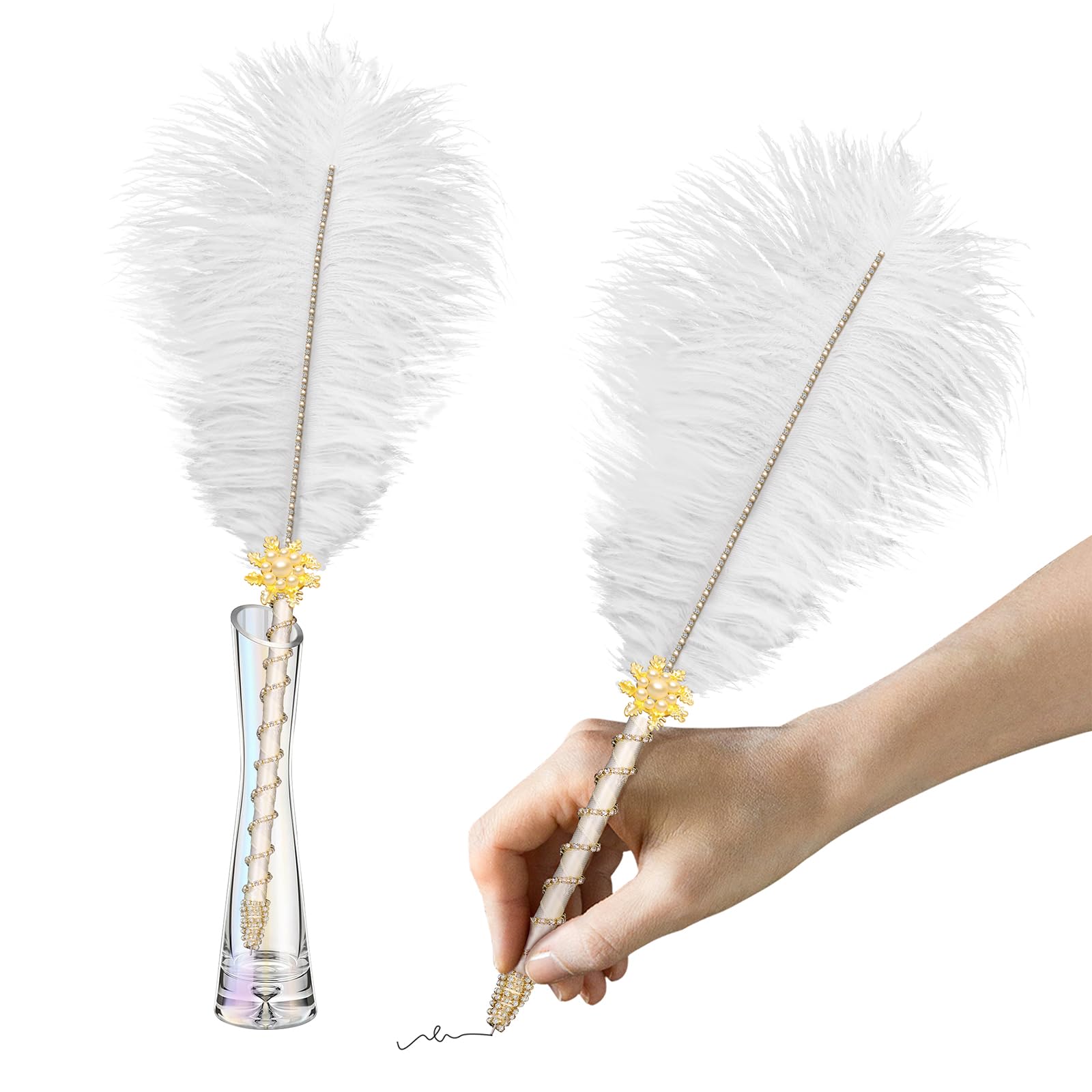 CROWN GUIDE Crystal Ostrich Feather Pen Quills for Wedding Guest Book Signing Nikkah 1920s Great Gatsby Reception Accessories Bridal Shower Party Supplies Décor Centerpieces Table Decorations White