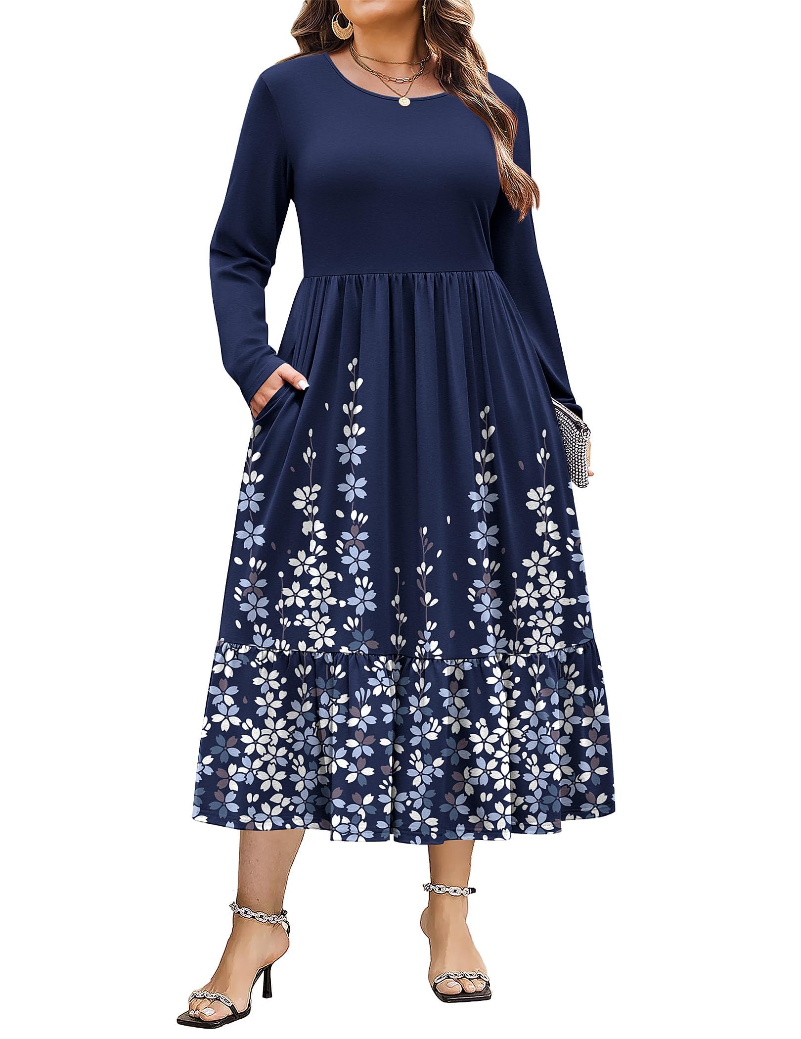 INVOLAND Women Plus Size Long Sleeve Dress Loose Casual Flowy Tiered Long Maxi Dresses with Pockets