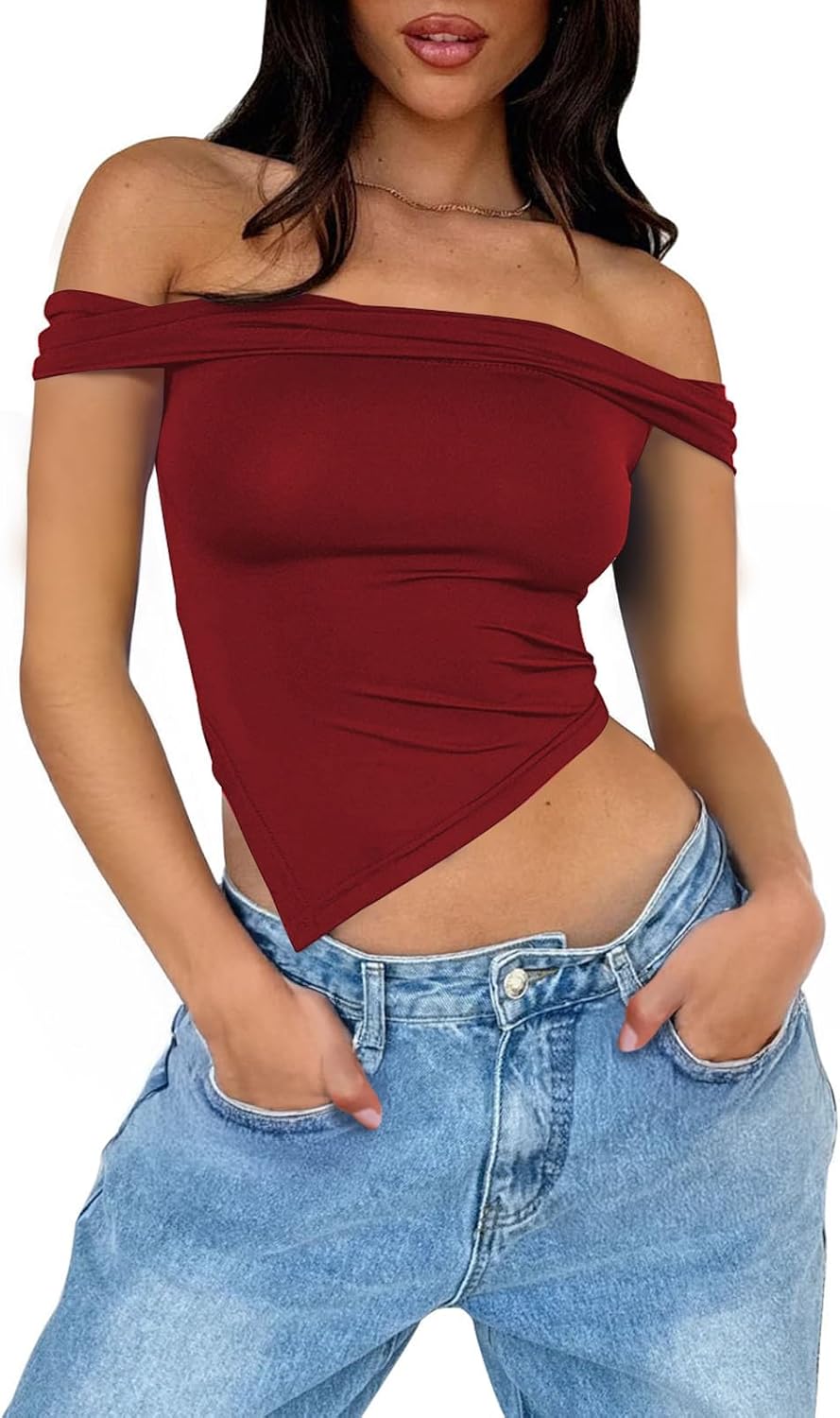 Off Shoulder Tops Women: Asymmetrical Going Out Short Sleeve Crop Top Shirts Y2k Summer 2025 Cute Slim Fit Clothes - Image 3