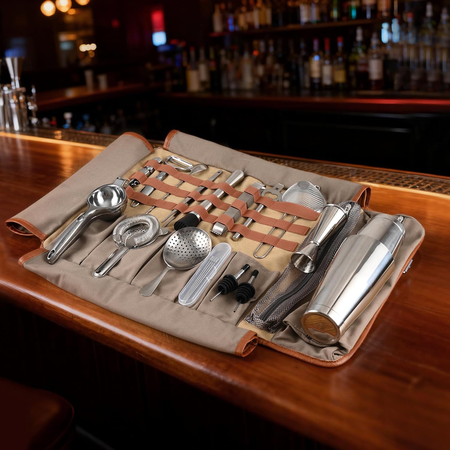 Bartender Travel Kit with Waxed Bag | 22 Piece Bar Set in Roll | Portable Cocktail Tools for Home & Travelling Bartending – Professional Boston Shakers, Unbreakable Melon Squeezer, Accessories - Image 4