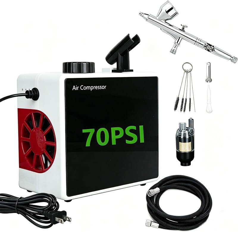 Airbrush Compressor Kit, 50-70PSI Stepless Pressure | All-in-one airbrush compressor set includes dual-action airbrush, air hose, moisture filter and full cleaning accessories.