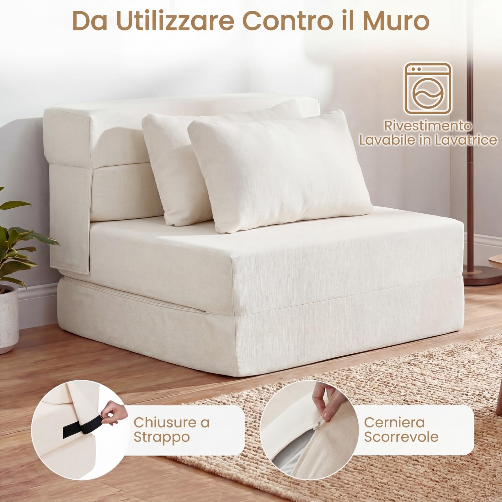 COSTWAY 3 in 1 Divano Letto Pieghevole, Poltrona Letto Convertibile con 2 Cuscini, Divano a 2 Posti in Tessuto Chenille, per Soggiorno Camera da Letto Ufficio (Beige,S)