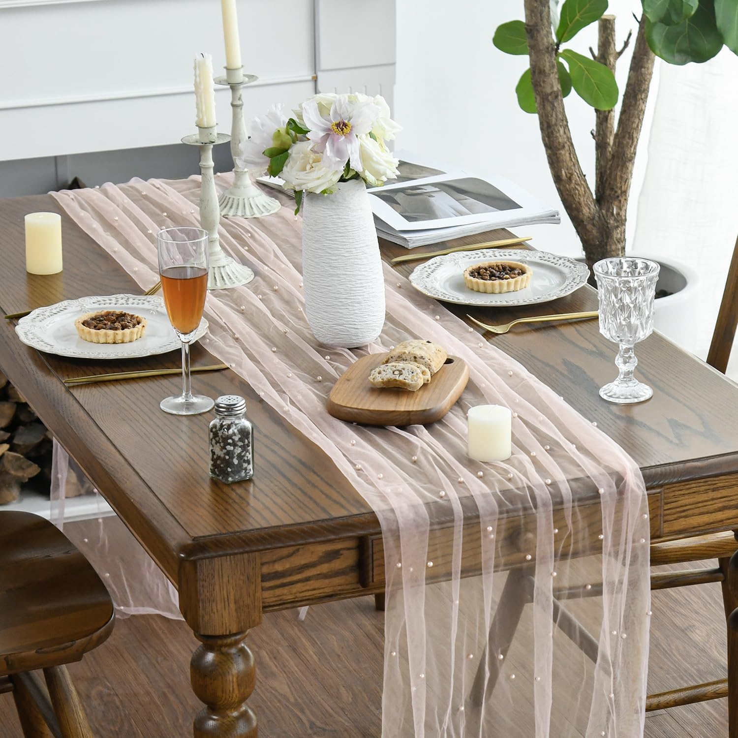 Artoid Mode 6PCS Pearl Pink Gauze Table Runner 120 Inch 10FT, Seasonal Sheer Dining Holiday Wedding Birthday Baby Shower Table Decor for Home Party