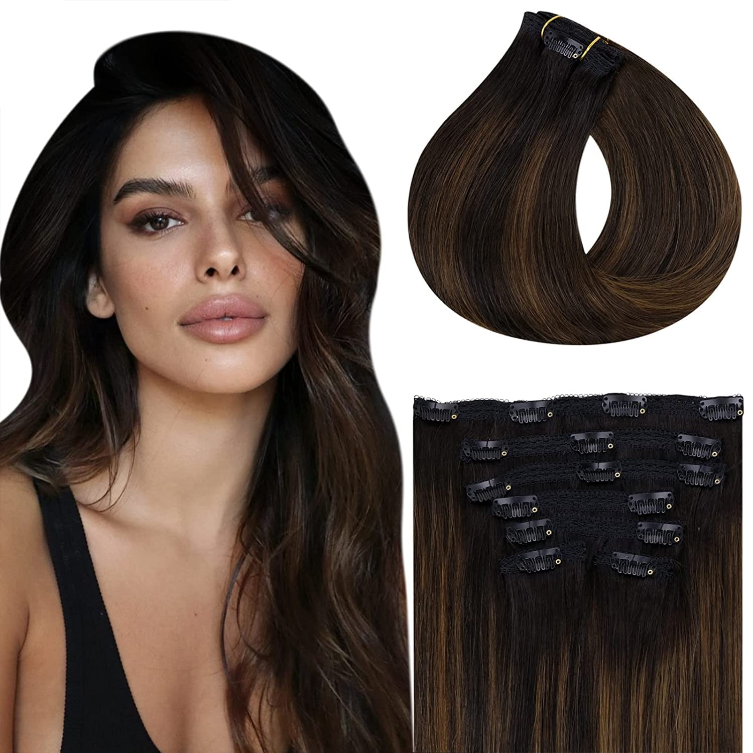 Vivien Balayage Clip in Hair Extensions Real Human Hair 18 Inch Natural Black