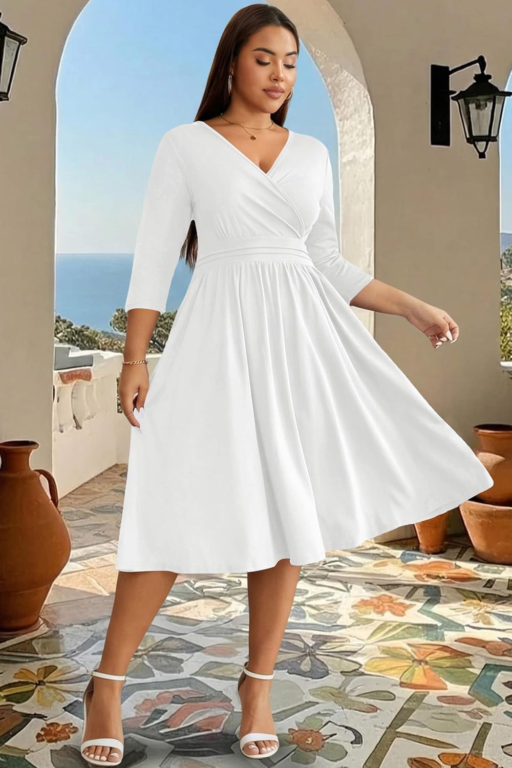 Nmoder Casual Wrap Dresses for Women A-Line Flared Church Midi Dress V Neck 3/4 Sleeve with Pockets - Image 5