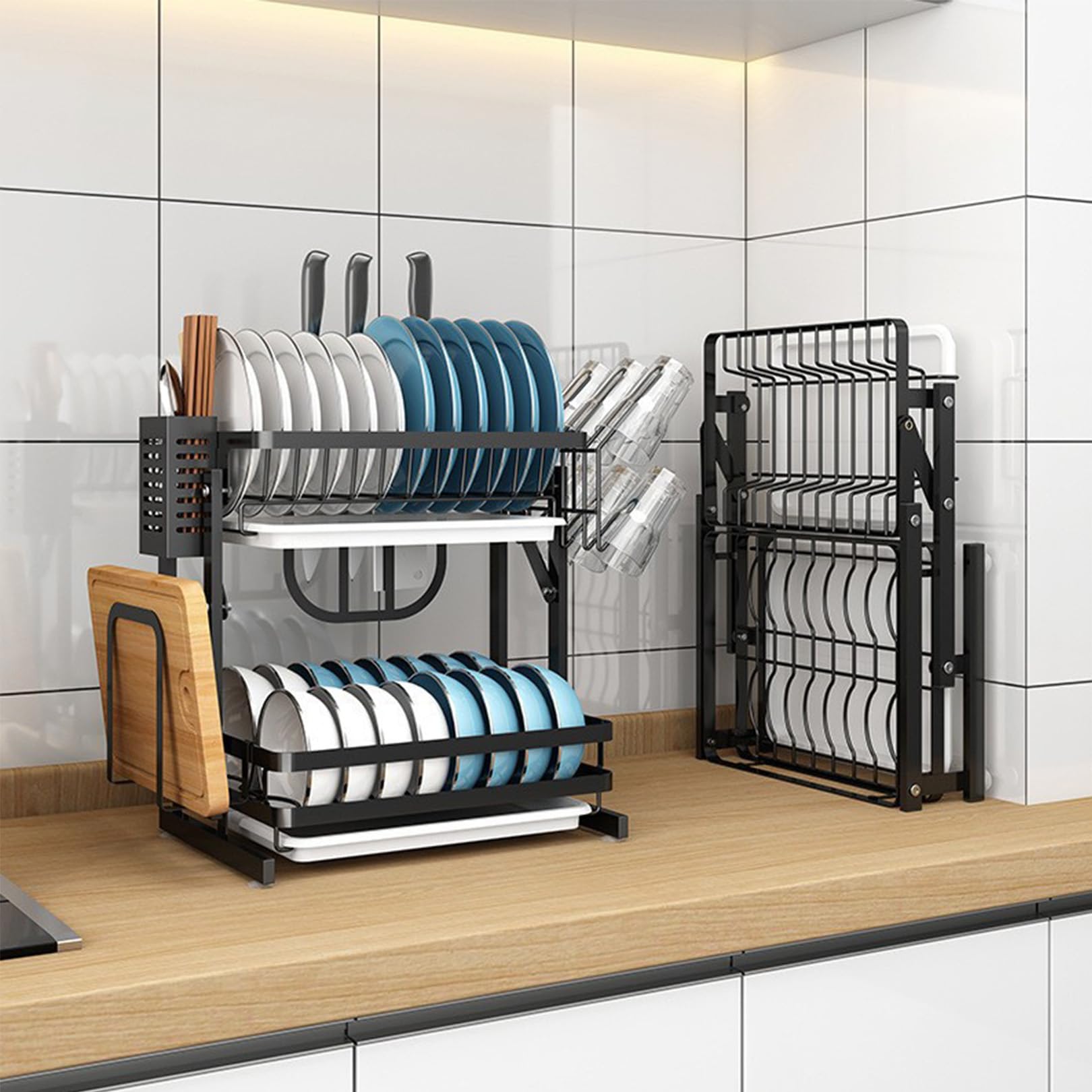 Kitchen Dish Rack Foldable Stainless Steel 2 Tier Dish Drying Rack with Drainboard, Kitchen Foldable Drainable Dish Shelf, Dish Drainer for Kitchen Counter - Black Kitche
