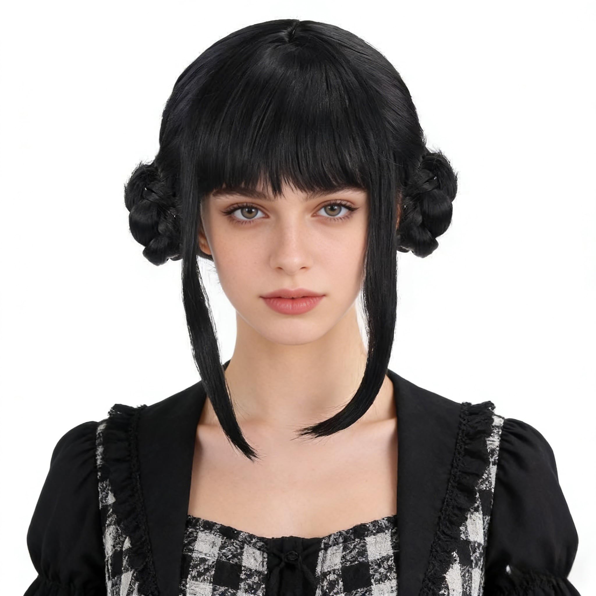 Topcosplay Female Anime Cosplay Black Double Braid Wig Halloween Costume Party Wig（A pair of earrings+hairnet）