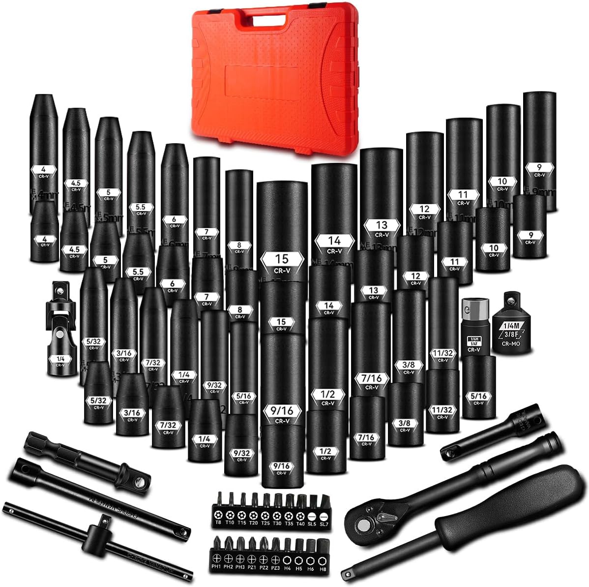 1/4 Inch Drive Impact Socket Set, 79 PCS Standard SAE(5/32-9/16inch) & Metric(4-15mm) Size, 6 Point Deep & Shallow, 72T Wrench Ratchet Kit, Master Grade Cr-V With Heavy Duty Storage Case