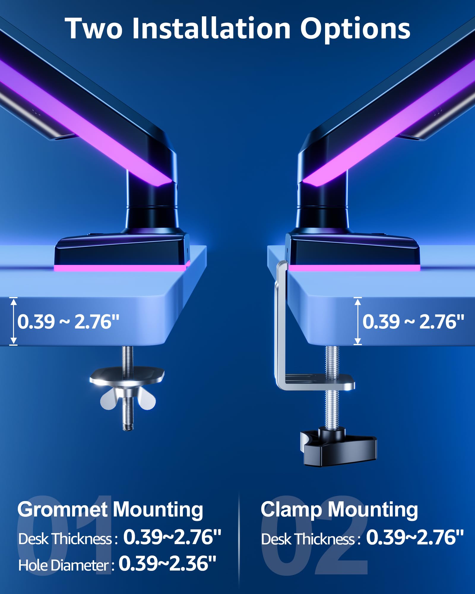 MOUNTUP Braccio singolo per monitor RGB adatto a 32 27 24 22 pollici, supporta schermi da 2 a 10 kg, supporto per monitor per scrivania con luci RGB, 19 modalità, supporto da scrivania per monitor per