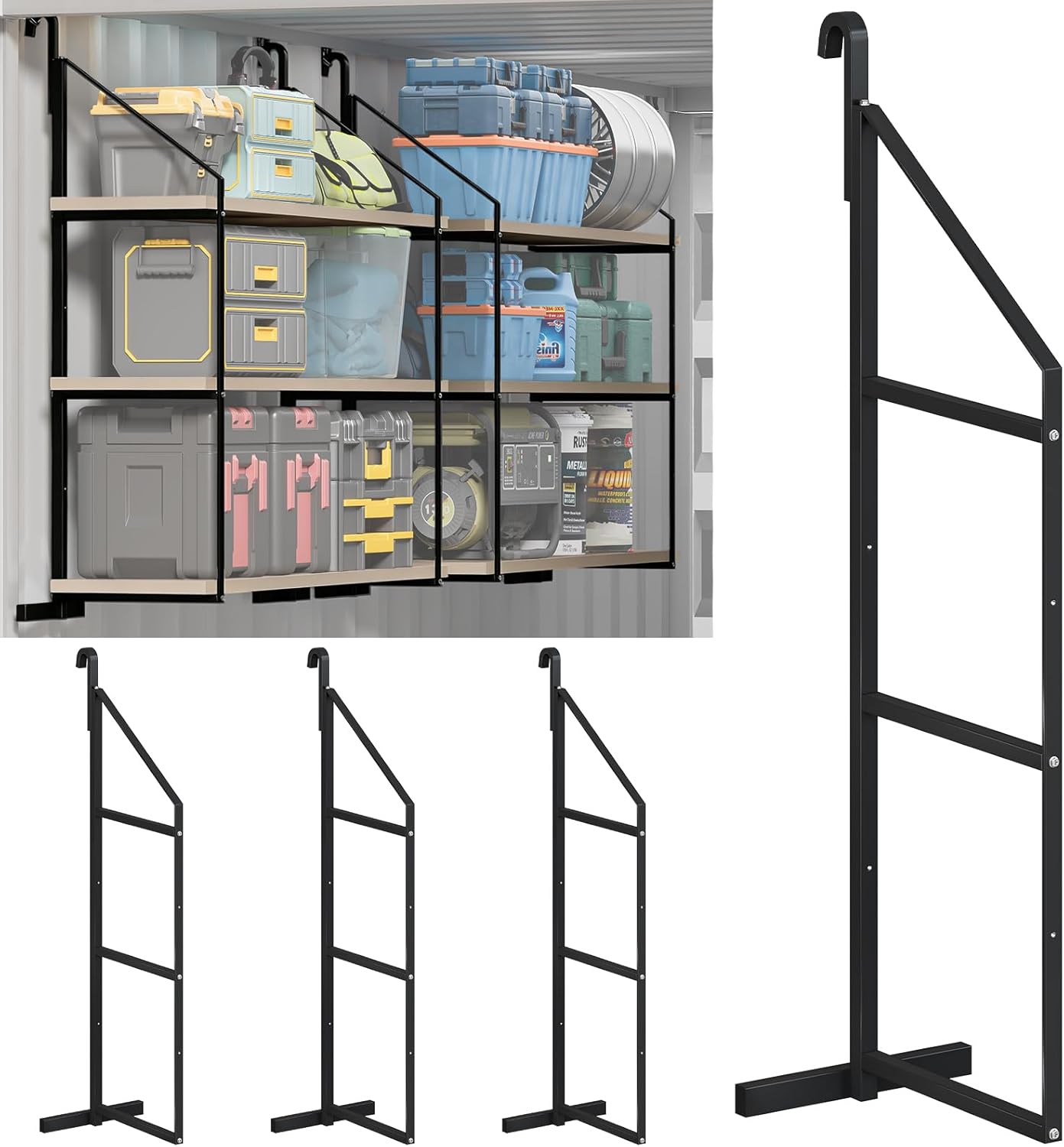 4 Pcs Shipping Container Shelving Bracket, 3 Tier Heavy Duty Shipping Container Shelf Brackets, High Capacity Containers Storage Shelves for Containers, Warehouse, Garage