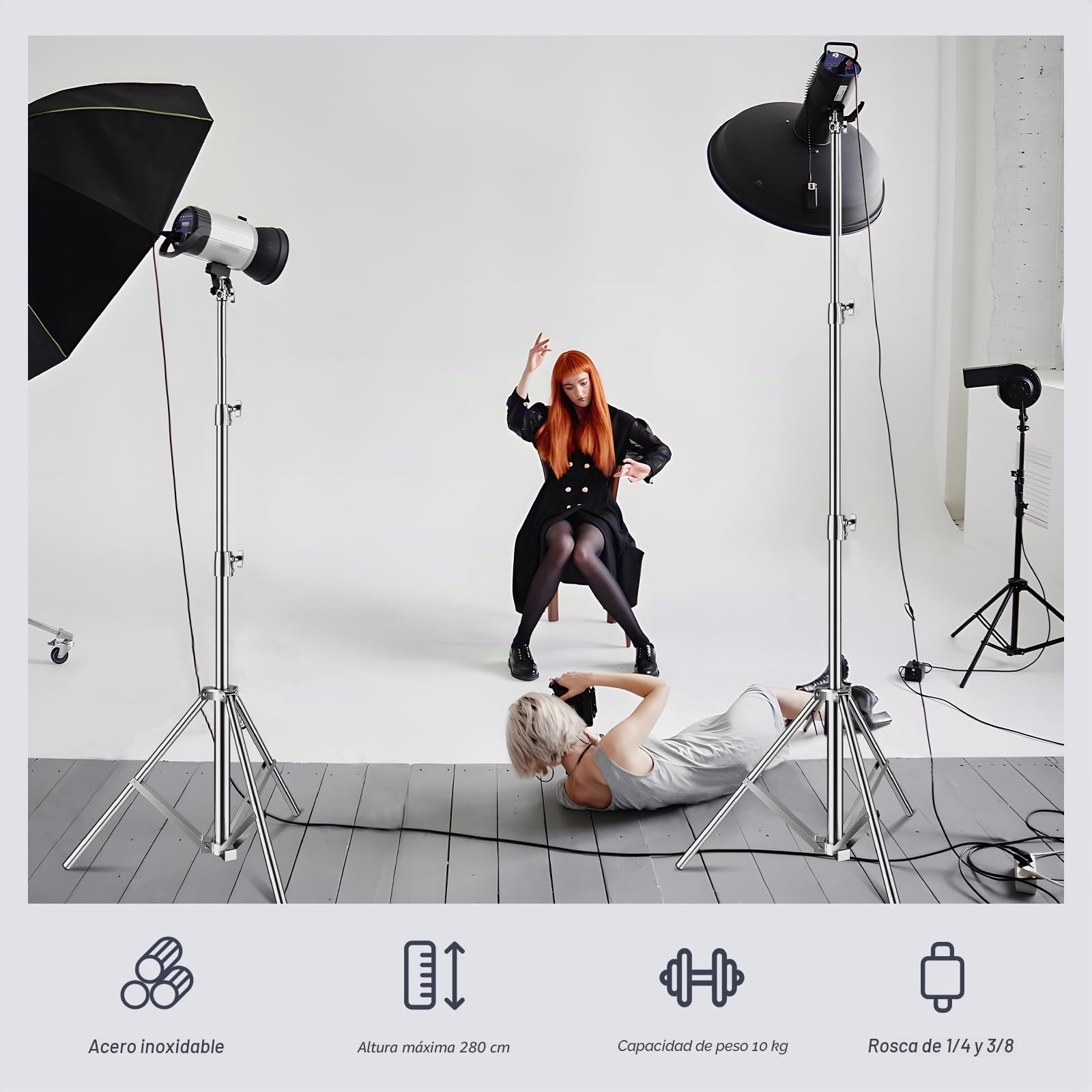 2,8 m Soporte de Luz de Acero Inoxidable, Soporte de Trípode Acolchado con Resorte de 1/4 "a 3/8" Adaptador Universal para Estudio de Fotografía Retrato