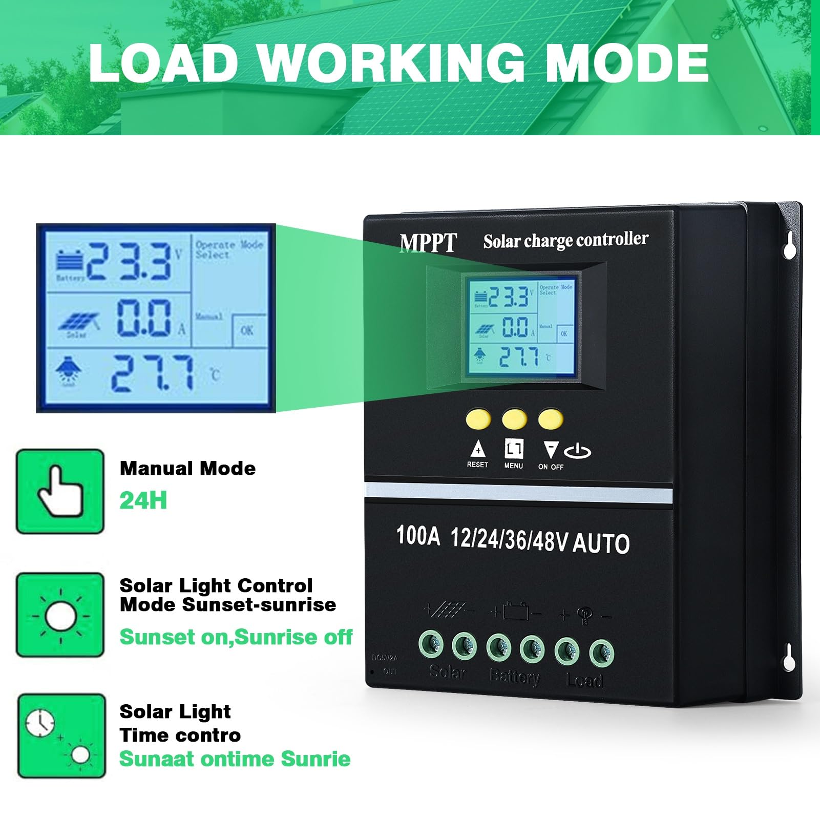 BuyWeek 100A Régulateur de Charge Solaire MPPT 12V 24V 36V 48V Contrôleur de Charge Solaire Intelligent avec Écran LCD / Double USB, pour plomb-acide / lithium, Max 100V Entrée