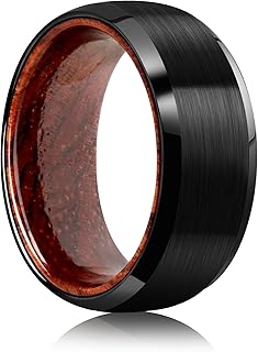 Tungsten Rings for Men Womens 8mm Black Silver Fashion Promise Wedding Band Carbide Inner Hole Inlaid Whiskey Barrel Wood Chamfer Frosted Matte Finish Edge Comfort Fit size 7-12