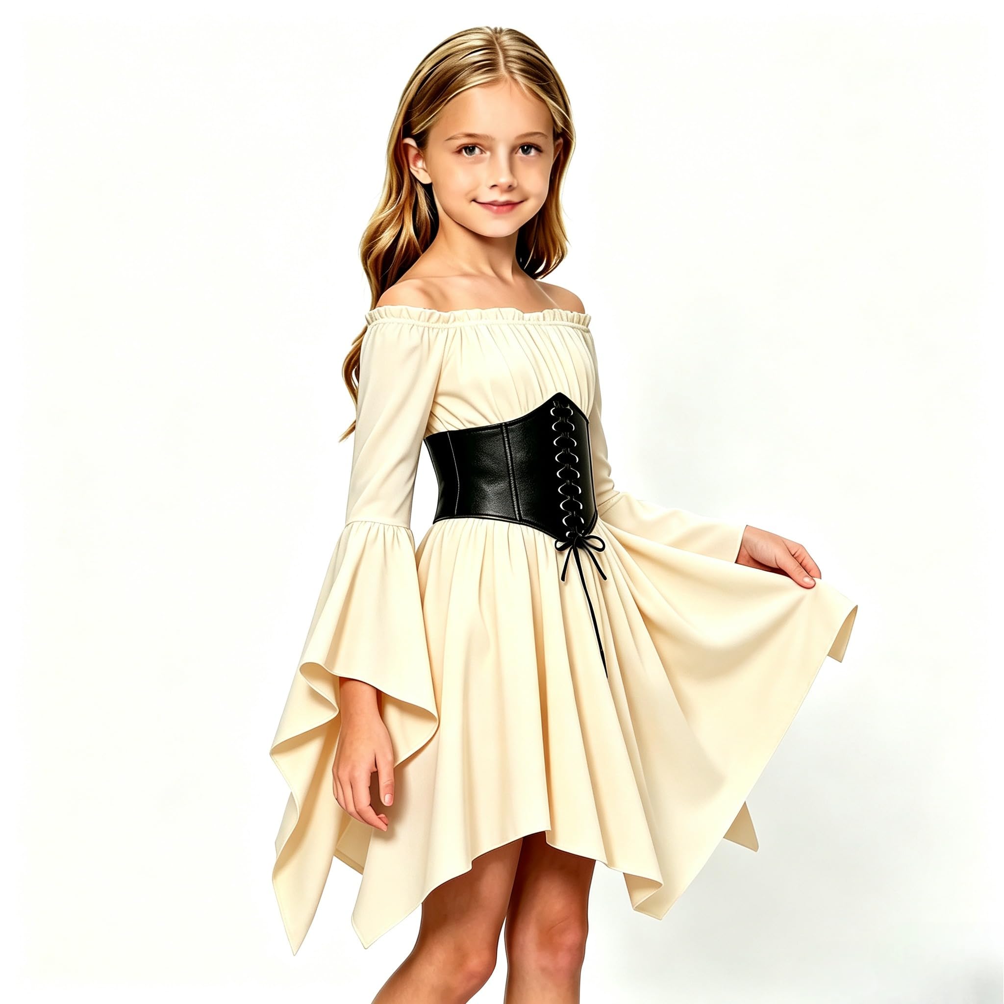 Girls Medieval Short Dress Off Shoulder Pirate Dress Medieval Dress, Elastic Smocked Waist, Flared Sleeve, Renaissance Steampunk Style, Halloween Cosplay Carnival Costume — image 1