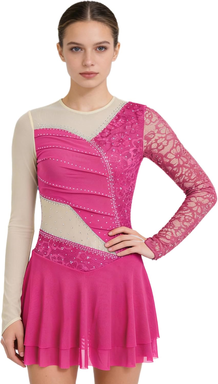 ranrann Figure Skating Dress for Women Rhinestone Long Sleeve Ice Skater Outfits Gymnastics Floral Lace Dress