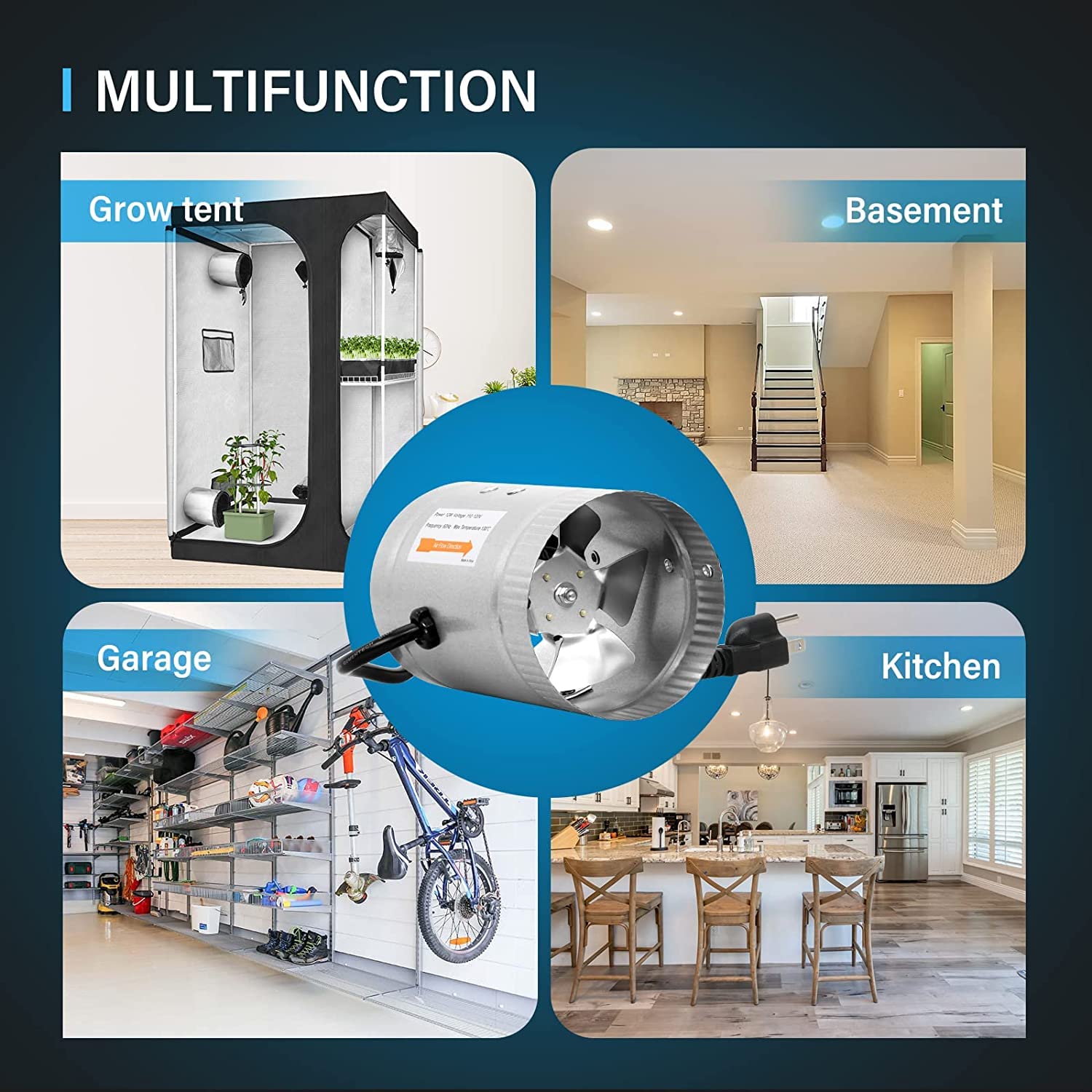 iPower 4 Inch Inline Duct Fan 100 CFM Booster Exhaust Fan with Low Noise for HVAC Ventilation in Attic, Bathroom, Basemen and Kitchen, 5.5' Grounded Power Cord Included, Silver