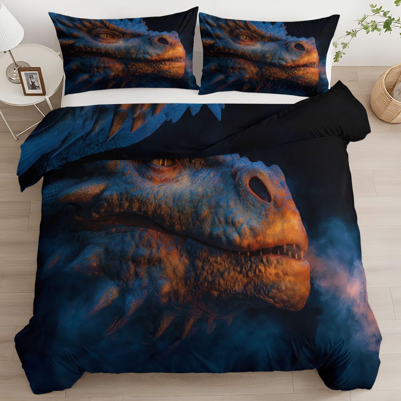 Fantasy Zwierzęta Smoki Poszewka na kołdrę z nadrukiem 200 x 200 cm, czarny dwustronny zestaw pościeli dla dzieci chłopców dziewcząt nastolatek - komplet pościeli z zamkiem błyskawicznym