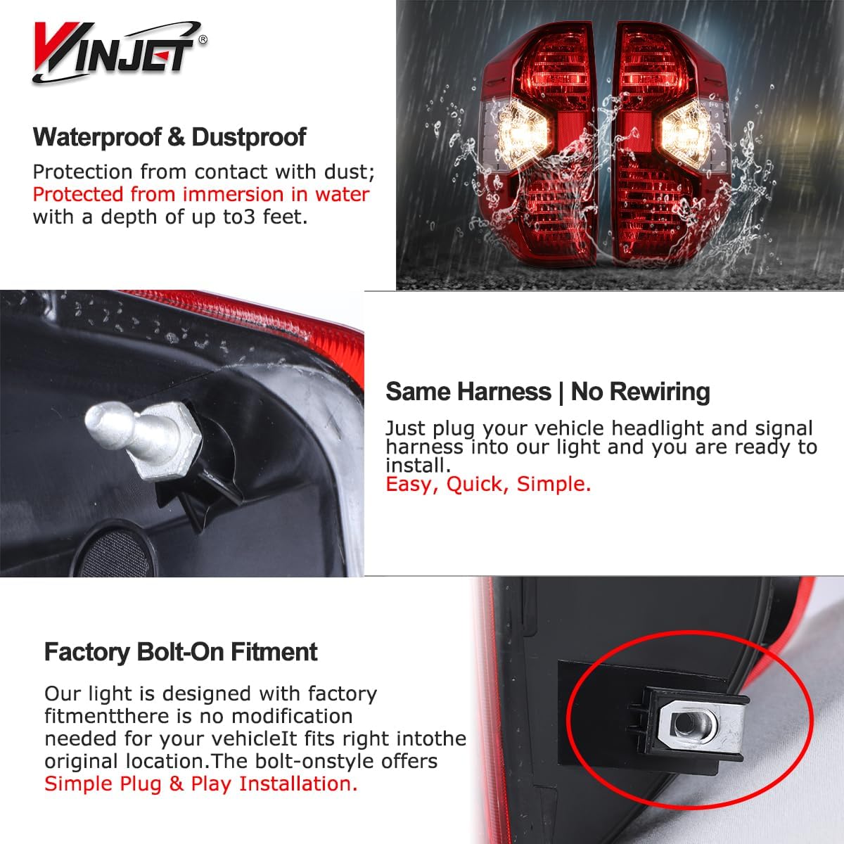 Winjet Tail Light Assembly Fit For 2014 2015 2016 2017 2018 2019 2020 2021 Toyota Tundra, OE Taillight Replacement, Driver & Passenger Side Tail Lamps (Chrome Housing/Red Lens)