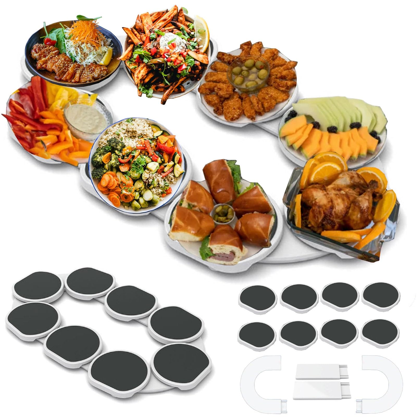 Efgetd Grey Lazy Susan Turntable For Dining Table 8 Dishes, Kitchen Dining Table Rotating Tray Expandable Track For Rectangular Oblong Tables, Easy Access Food