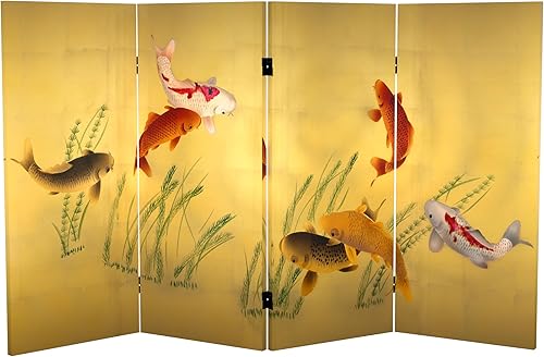Oriental Furniture - Divisor de ambientes de lona de doble cara con siete peces de la suerte de 3 pies de alto Siete peces afortunados,Pájaros en