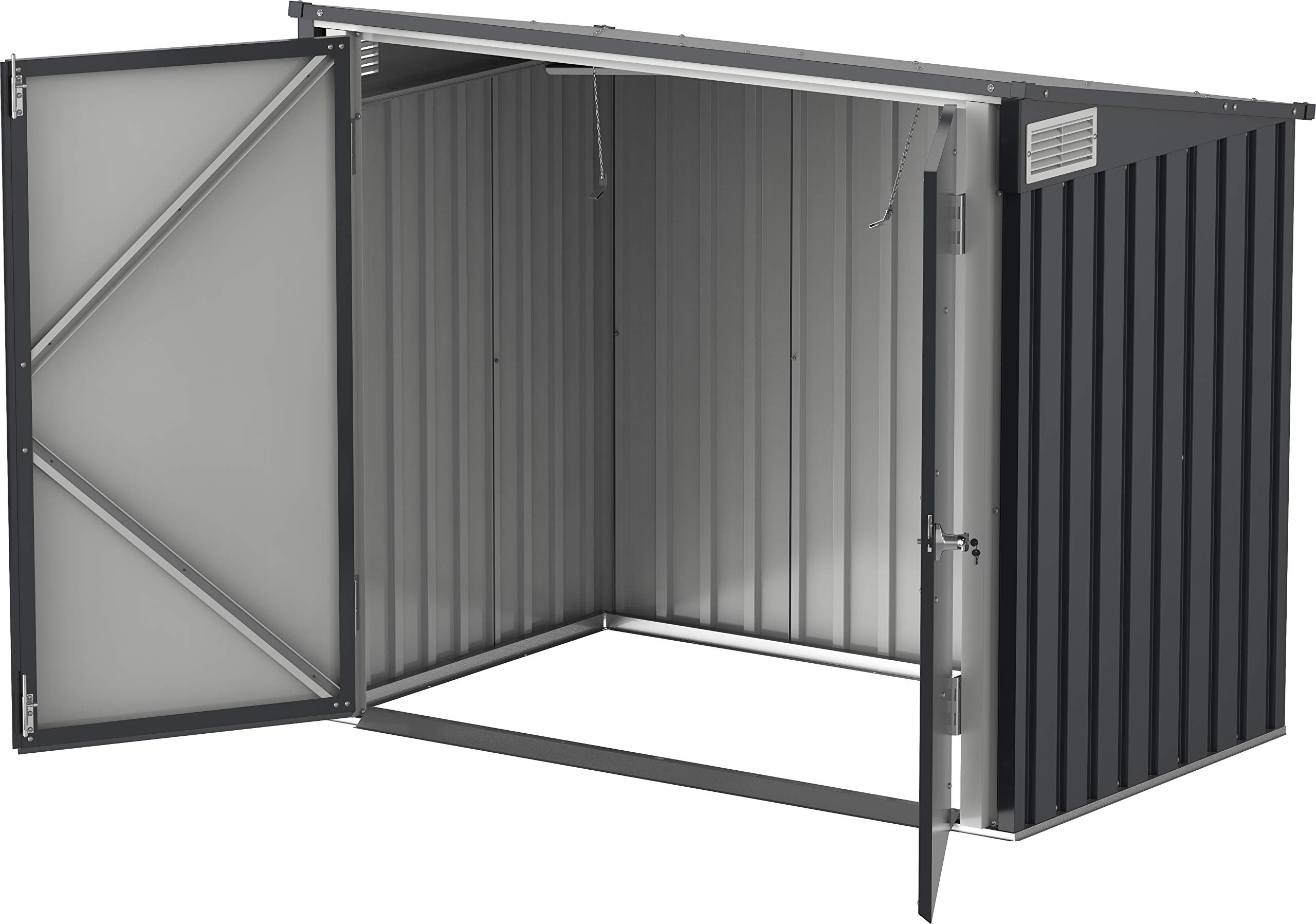 Duramax Mülltonnenbox für 2, Unterstand für 2 Mülltonnen mit Öffnung von oben und abschließbaren Doppeltüren, Lagerunterstand aus Metall, Verstecke für rollende Mülltonnen, Anthrazit